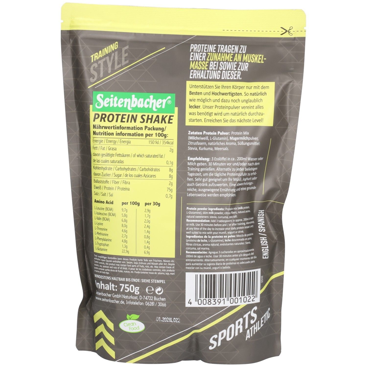 Rückseite des Beutels. Seitenbacher Protein Shake. Nährwertinformationen. Text in Deutsch und Englisch. Barcode und grünes Logo.