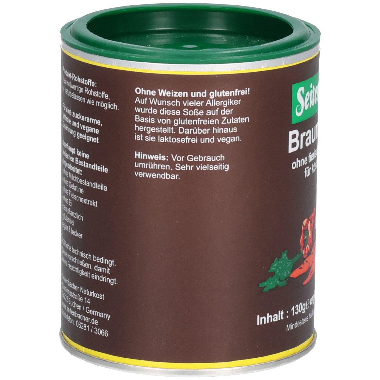 Braune Soße Dose. Seitenbacher-Logo. Text: ohne Weizen und glutenfrei. Aufdruck: laktosefrei und vegan. Hinweis: Vor Gebrauch umrühren. Sehr vielseitig verwendbar.