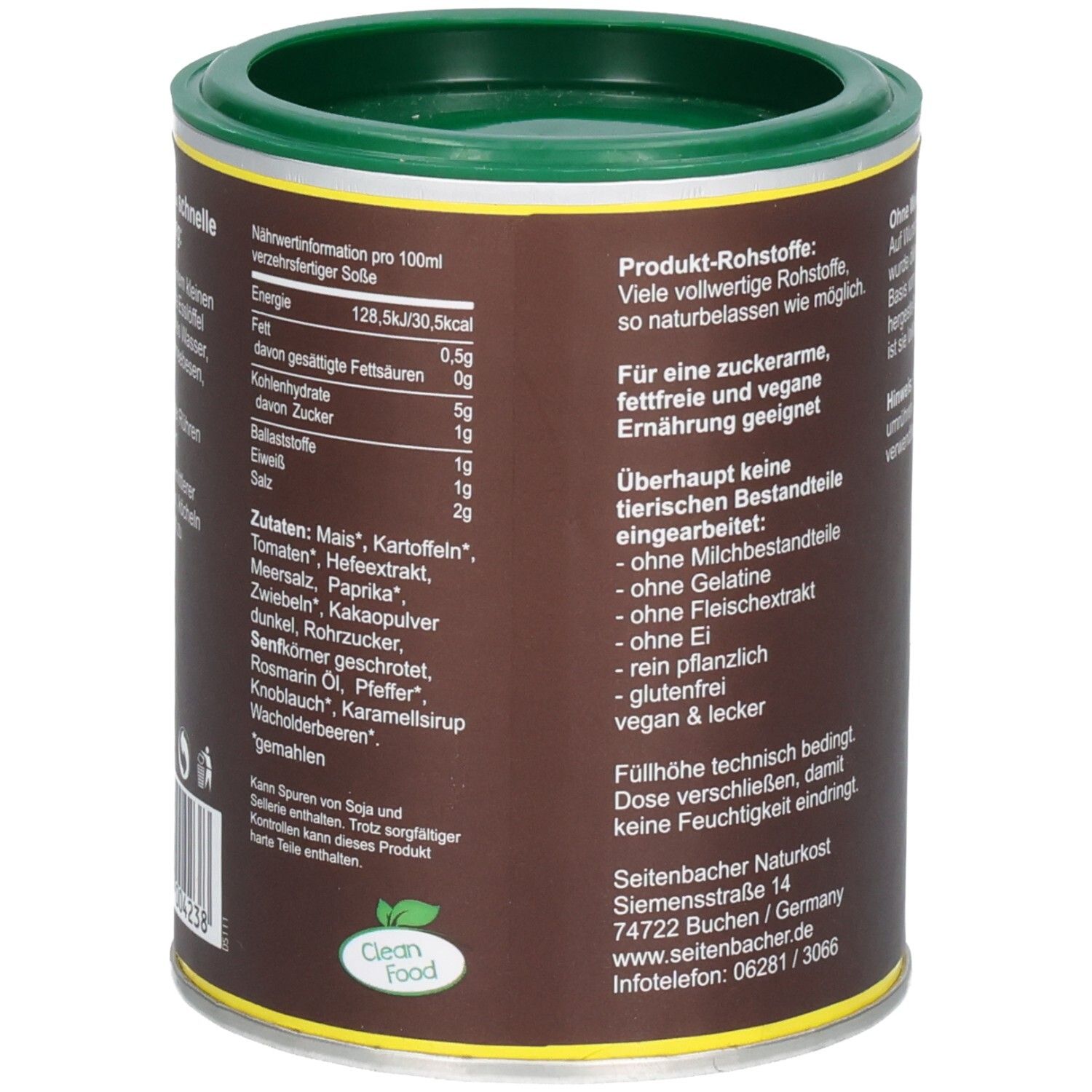 Braune Soße Dose. Seitenbacher-Logo. Nährwertangaben pro 100ml. Zutatenliste: Mais, Kartoffeln, Tomaten, Meersalz, Paprika, Zwiebeln, Kakao, etc. Clean Food Logo.