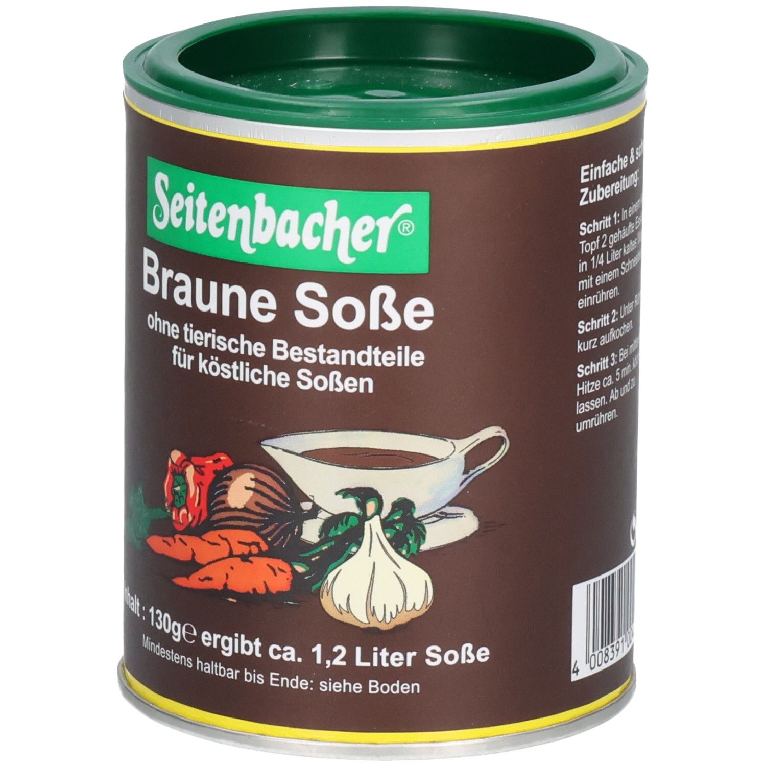Braune Soße Dose. Seitenbacher-Logo. Aufdruck: ohne tierische Bestandteile. Abbildung von Gemüse und Soße. Inhalt: 130g ergibt ca. 1,2 Liter Soße.