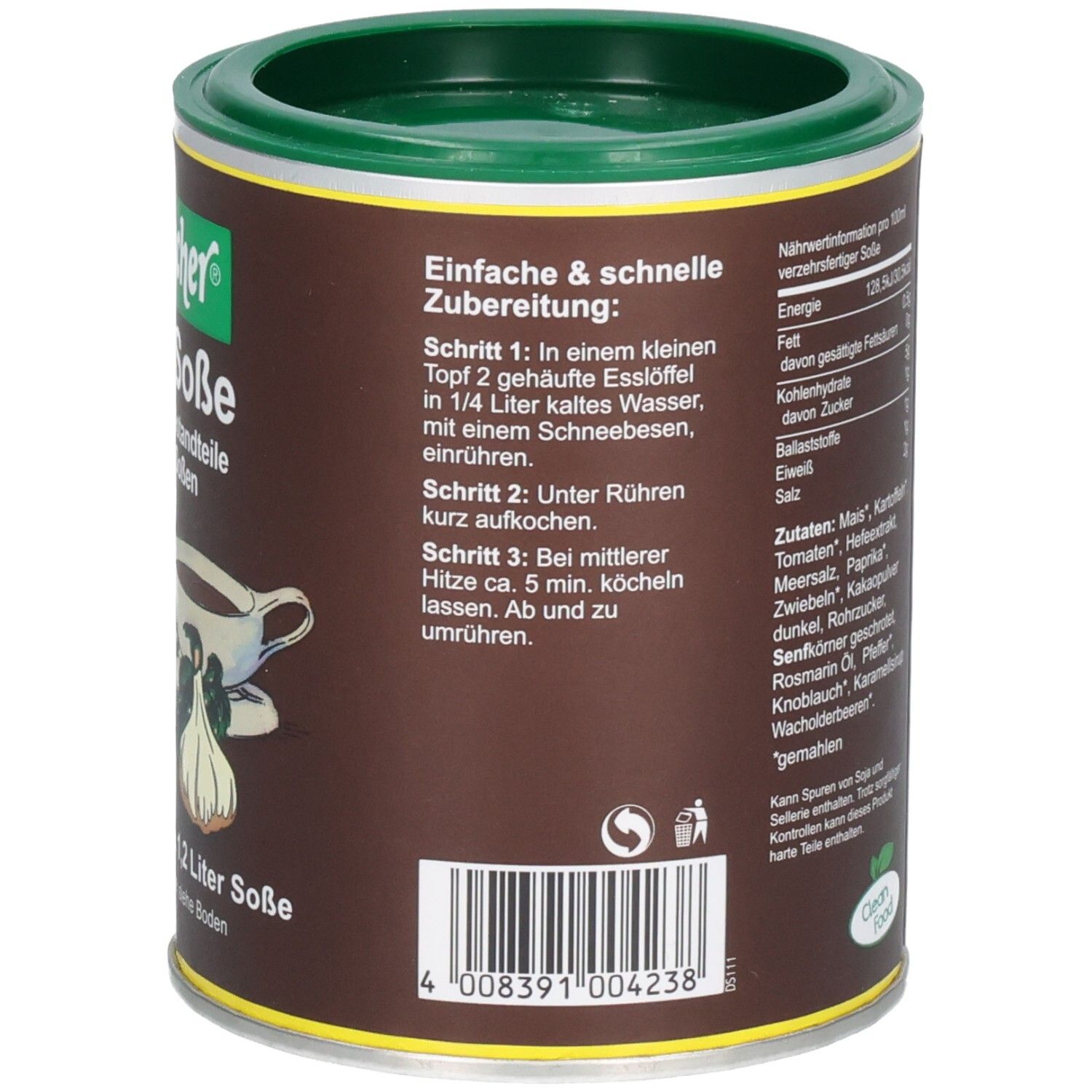 Braune Soße Dose. Seitenbacher-Logo. Zubereitungsschritte: 1. Esslöffel in 1/4 Liter kaltes Wasser. 2. Kurz aufkochen. 3. 5 min. köcheln lassen. Barcode.