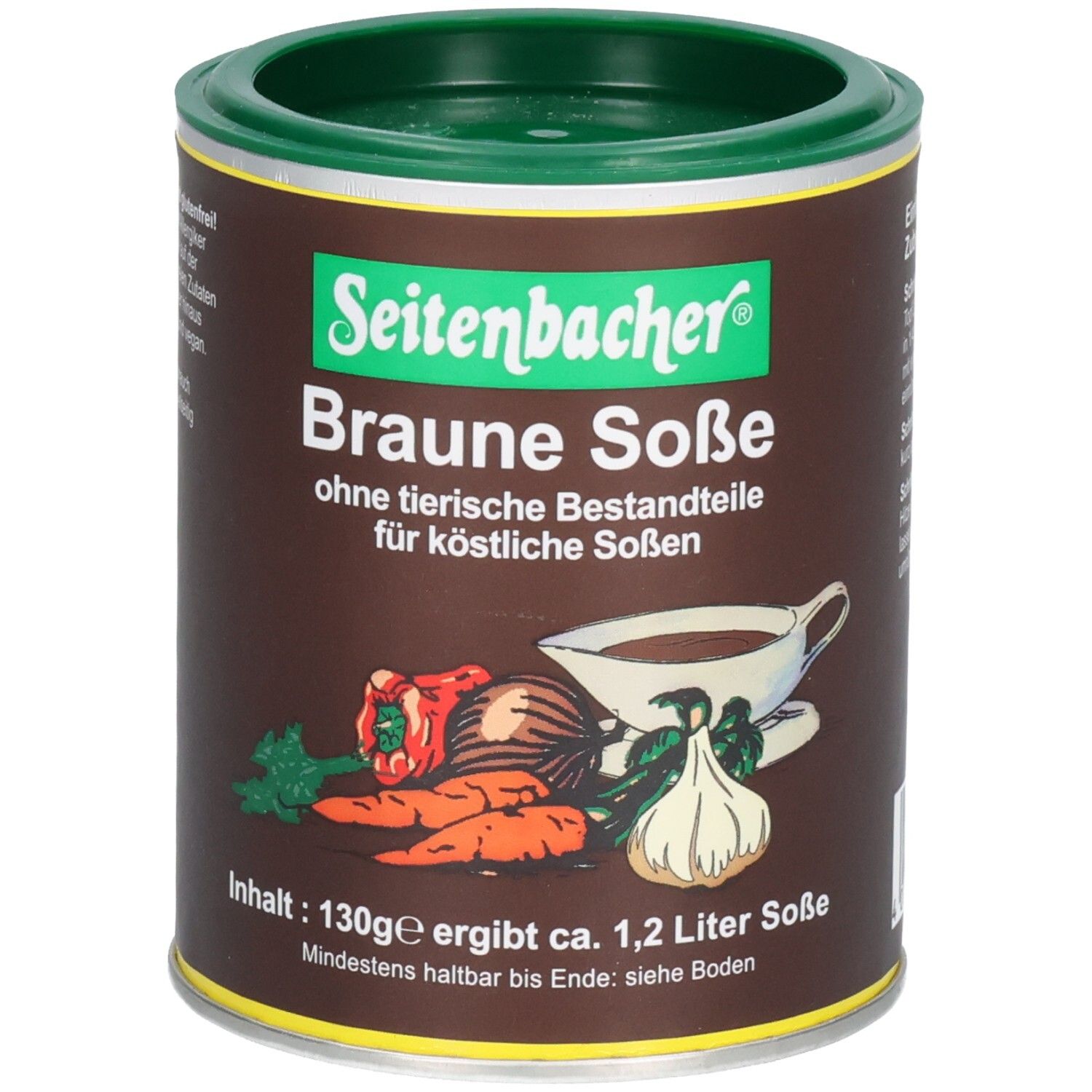 Braune Soße Dose. Seitenbacher-Logo. Aufdruck: ohne tierische Bestandteile. Abbildung von Gemüse und Soße. Inhalt: 130g ergibt ca. 1,2 Liter Soße.