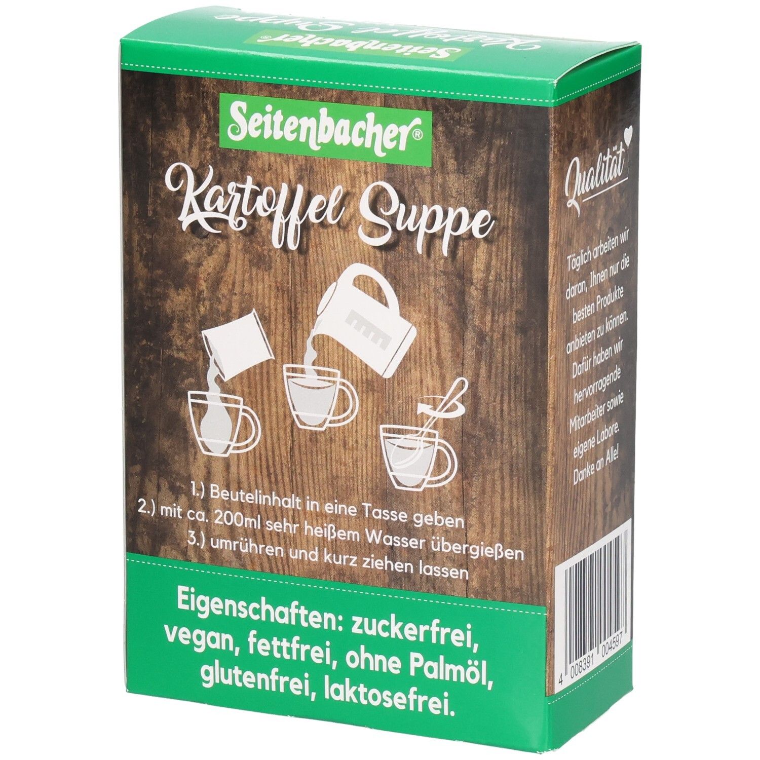 Seitenbacher Kartoffel Suppe Verpackung. Anleitung: Beutel in Tasse, heißes Wasser, umrühren. Eigenschaften: zuckerfrei, vegan, fettfrei, ohne Palmöl.