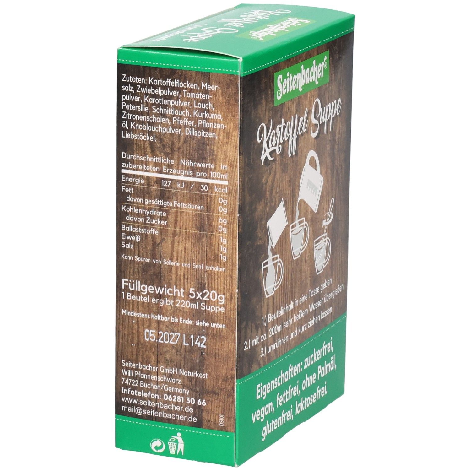 Seitenbacher Kartoffel Suppe Verpackung, Rückseite. Zutaten, Nährwerte, Füllgewicht 5x20g. 1 Beutel ergibt 220ml Suppe. Mindestens haltbar bis 05.2027.