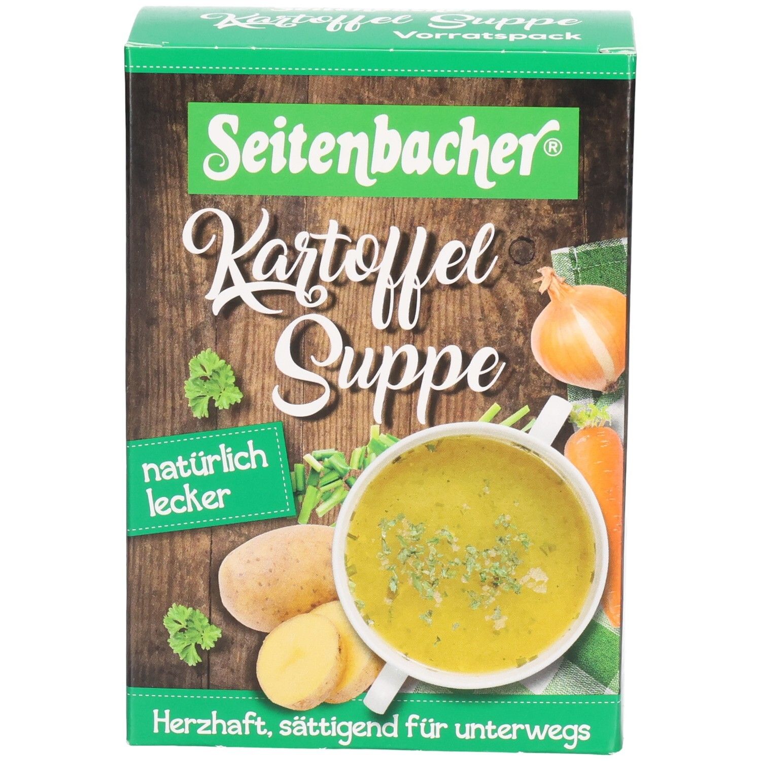 Grüne Kartoffelsuppen-Verpackung. Seitenbacher Kartoffel Suppe, mit Abbildung einer Suppe, Kartoffeln und Gemüse. Text: natürlich lecker.