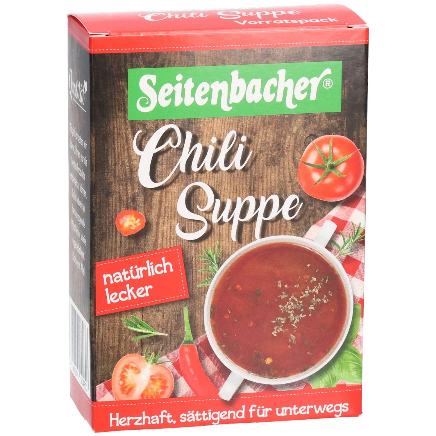 Verpackung von Seitenbacher Chili Suppe. Rote Box mit Produktbild und Text. Enthält Tomaten, Chili und Suppe. "Natürlich lecker".