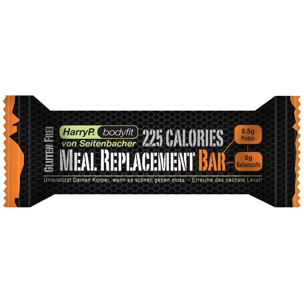 Riegelverpackung mit Aufschrift "Meal Replacement Bar". Enthält 225 Kalorien, 9,5g Protein und 6g Ballaststoffe. Glutenfrei.