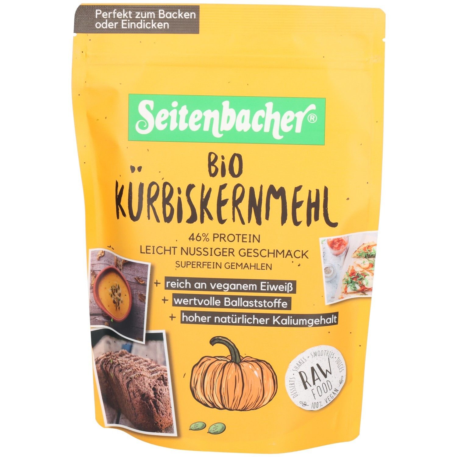 Gelbe Verpackung mit Aufschrift "Seitenbacher Bio Kürbiskernmehl". Enthält Text, Abbildungen von Kürbis und Speisen.