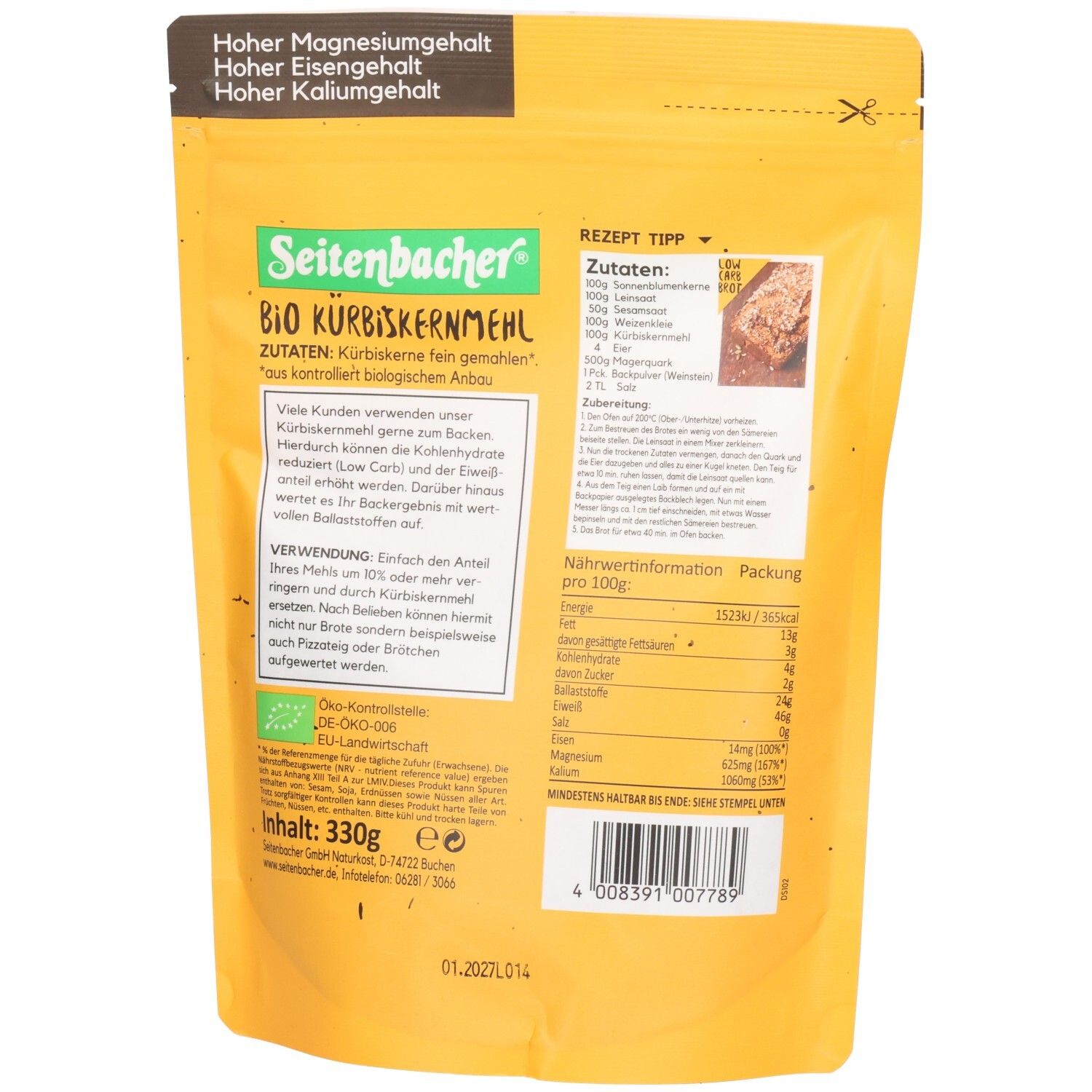 Rückseite der gelben Verpackung "Seitenbacher Bio Kürbiskernmehl". Enthält Text, Nährwertangaben und Zutatenliste.