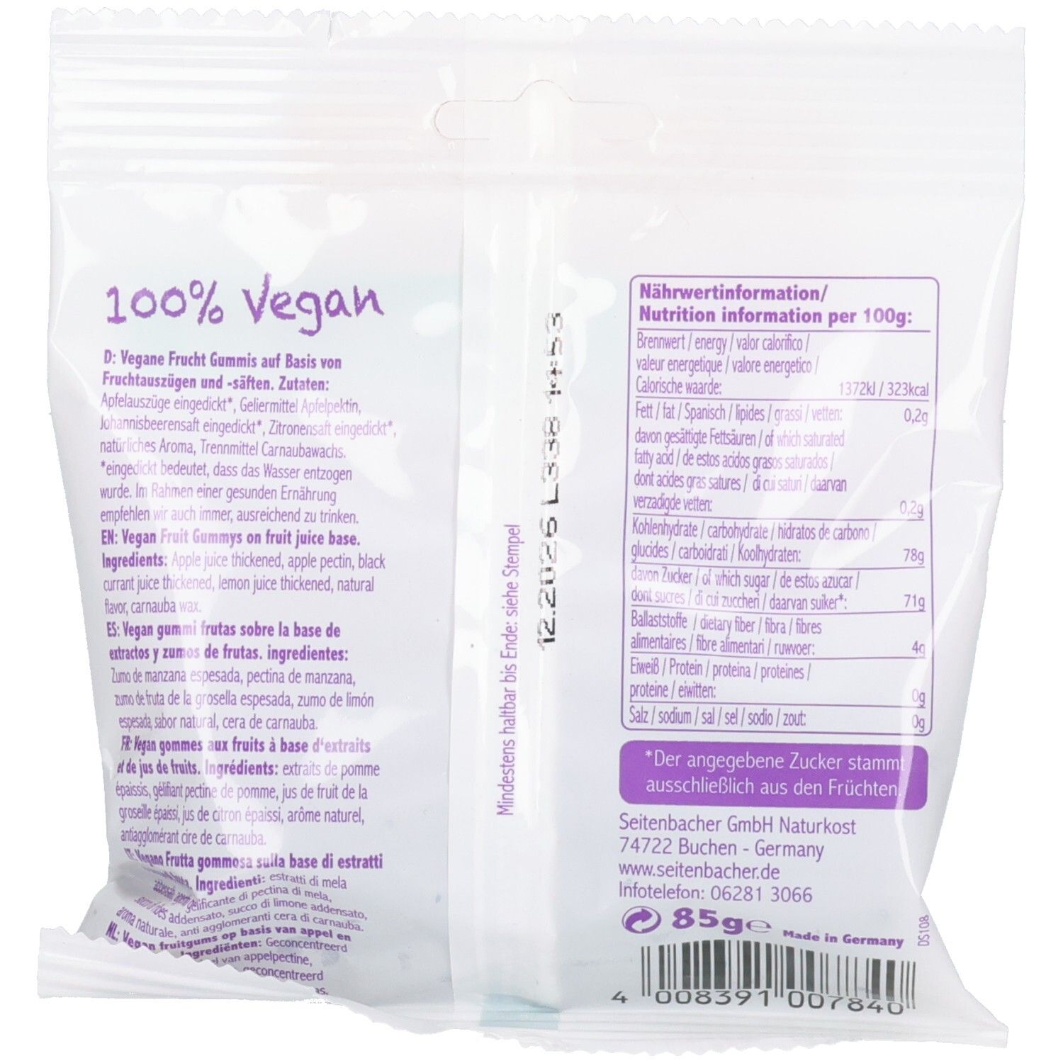 Rückseite der Verpackung von Seitenbacher Frucht Hüttchen. Text: 100% vegan, Nährwertinformationen, Zutatenliste, Mindesthaltbarkeitsdatum, Herstelleradresse, Barcode.
