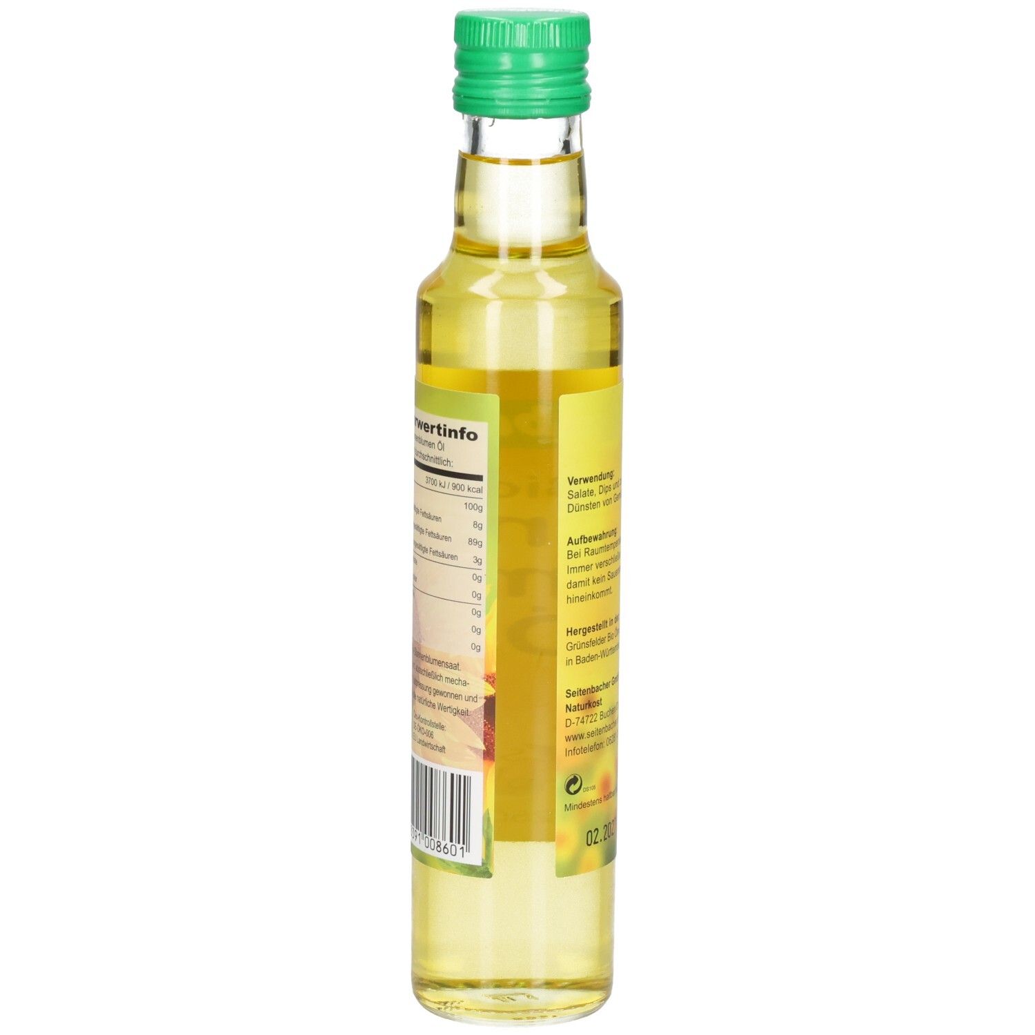 Glasflasche, Seitenansicht. Etikett mit Nährwertinformationen und weiteren Angaben.
