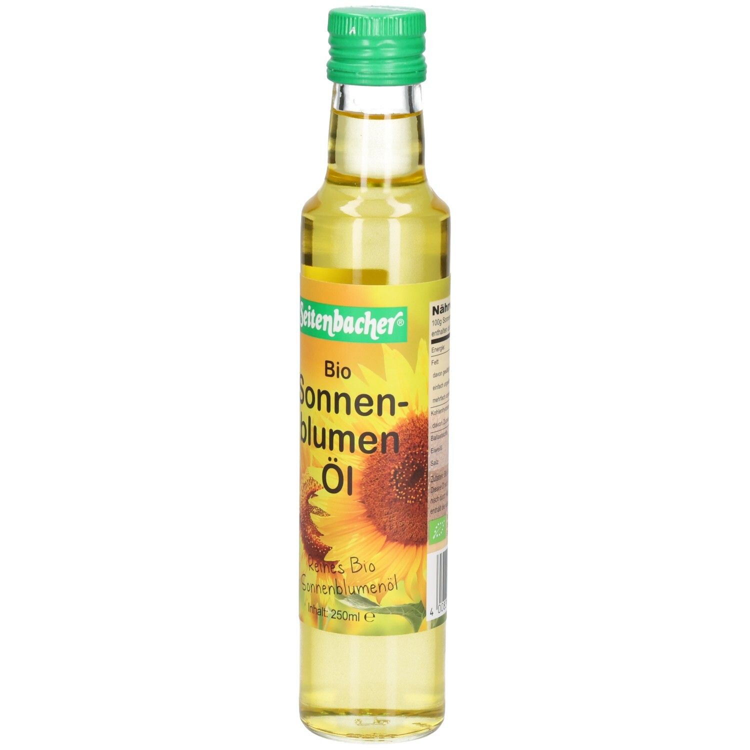 Glasflasche mit grünem Deckel. Etikett mit "Seitenbacher Bio Sonnenblumen Öl" und Sonnenblumen-Illustration.