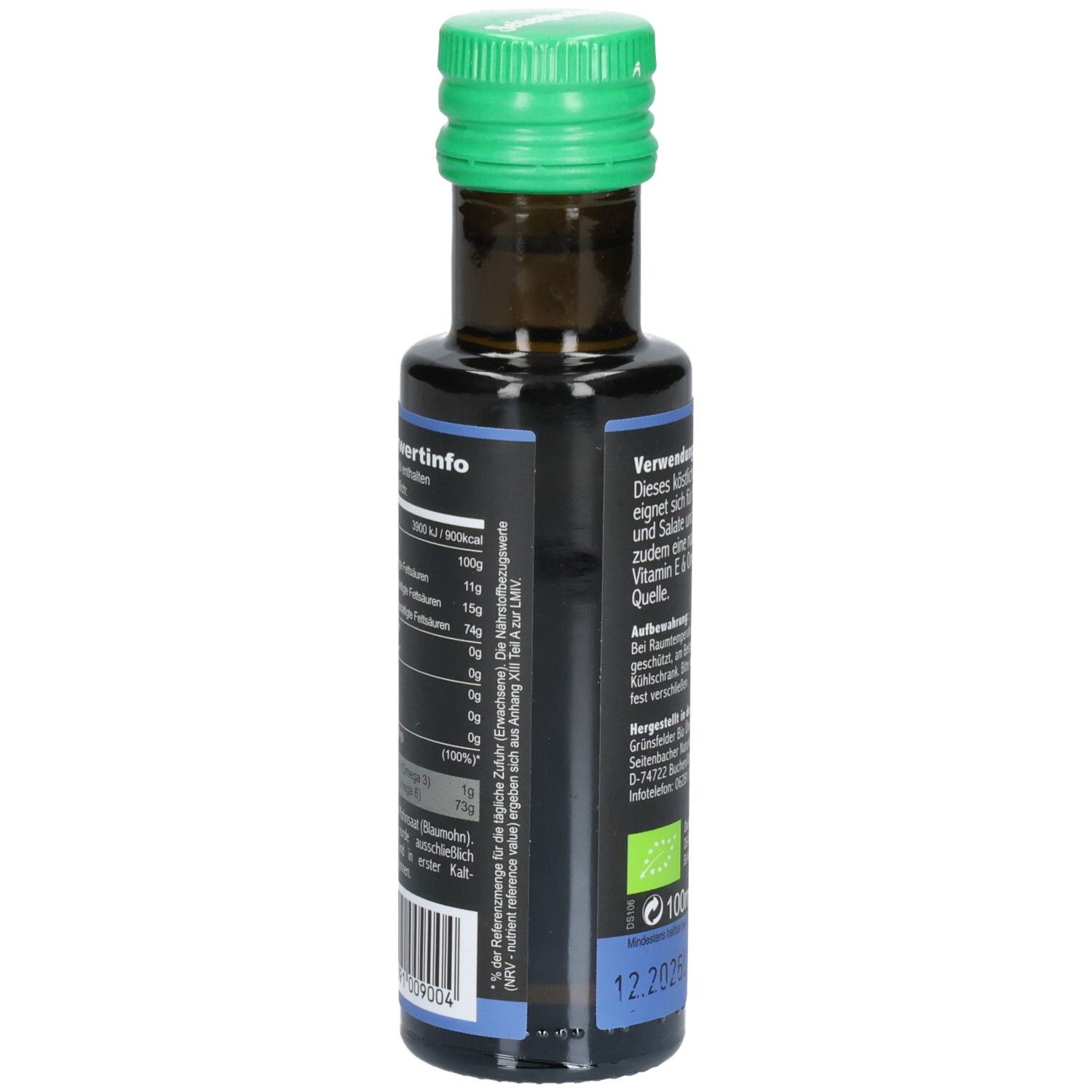 Braune Glasflasche mit grünem Deckel. Rückseite mit Nährwertinformationen und Öko-Kontrollstelle-Logo.