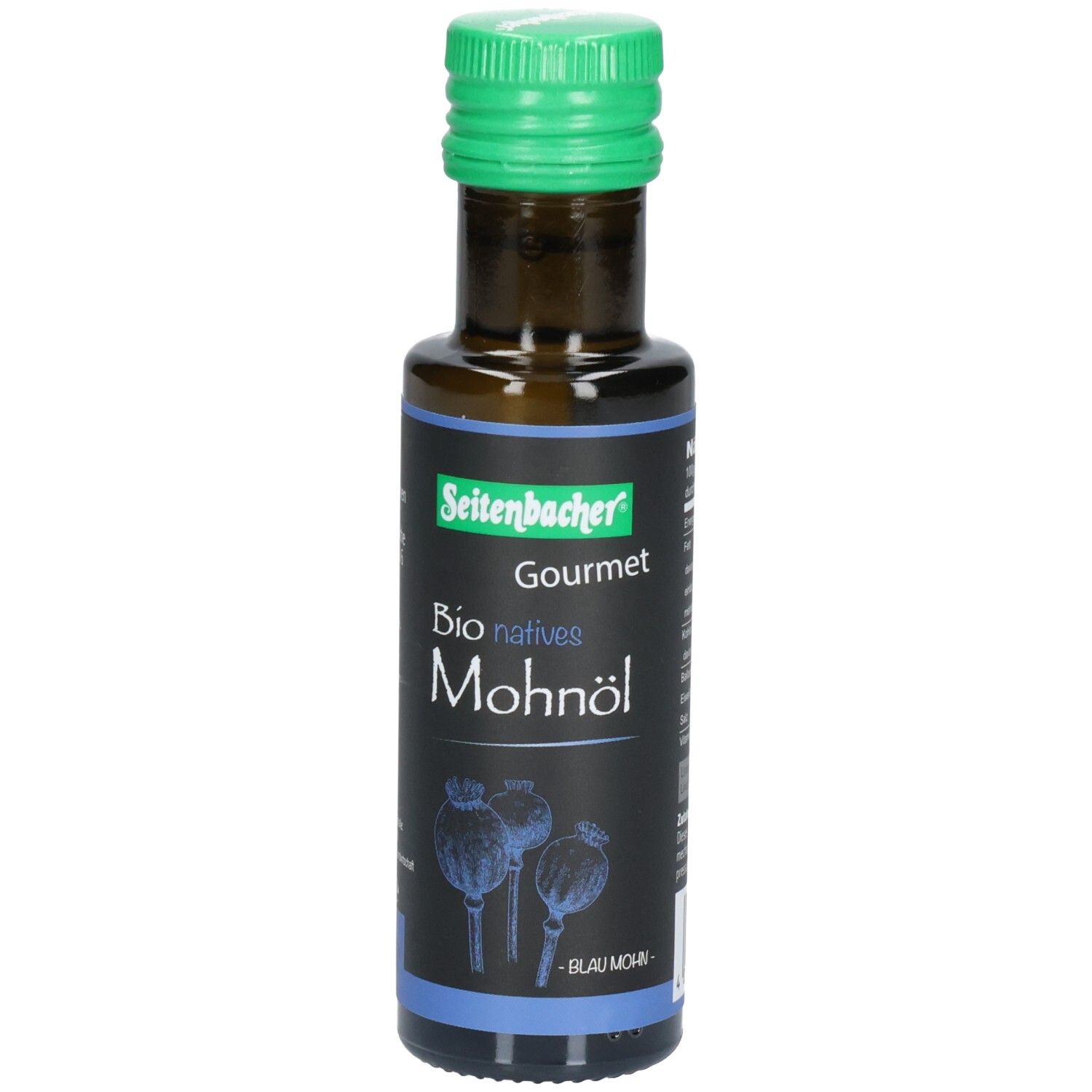 Braune Glasflasche mit grünem Deckel. Etikett mit "Seitenbacher Gourmet Bio natives Mohnöl" und Mohnblüten-Illustration.