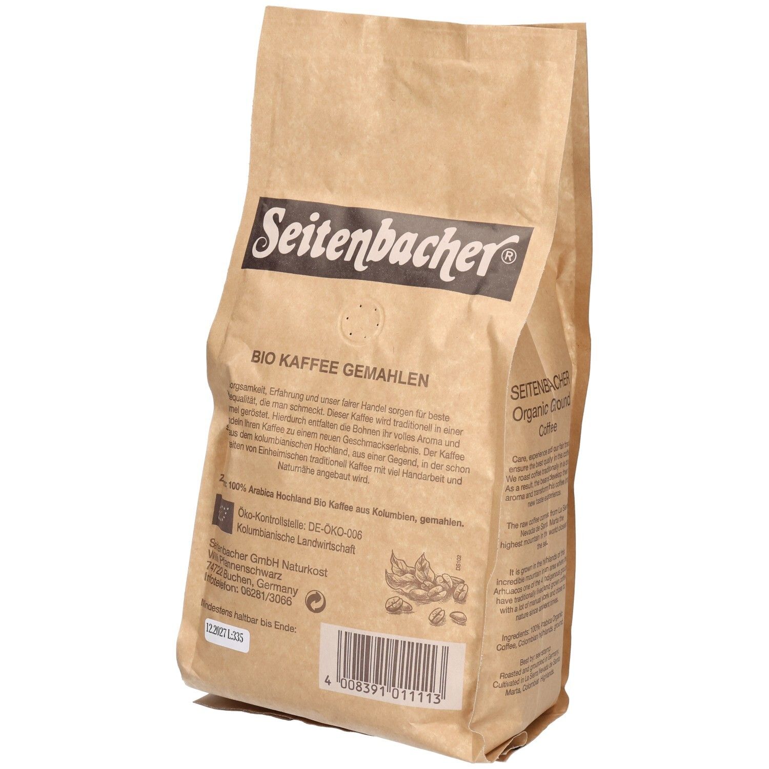 Beige Papierbeutel Seitenbacher Bio Kaffee gemahlen. Aufdruck: Bio Kaffee, Text, Logo. Rückseite mit Text und Logo.