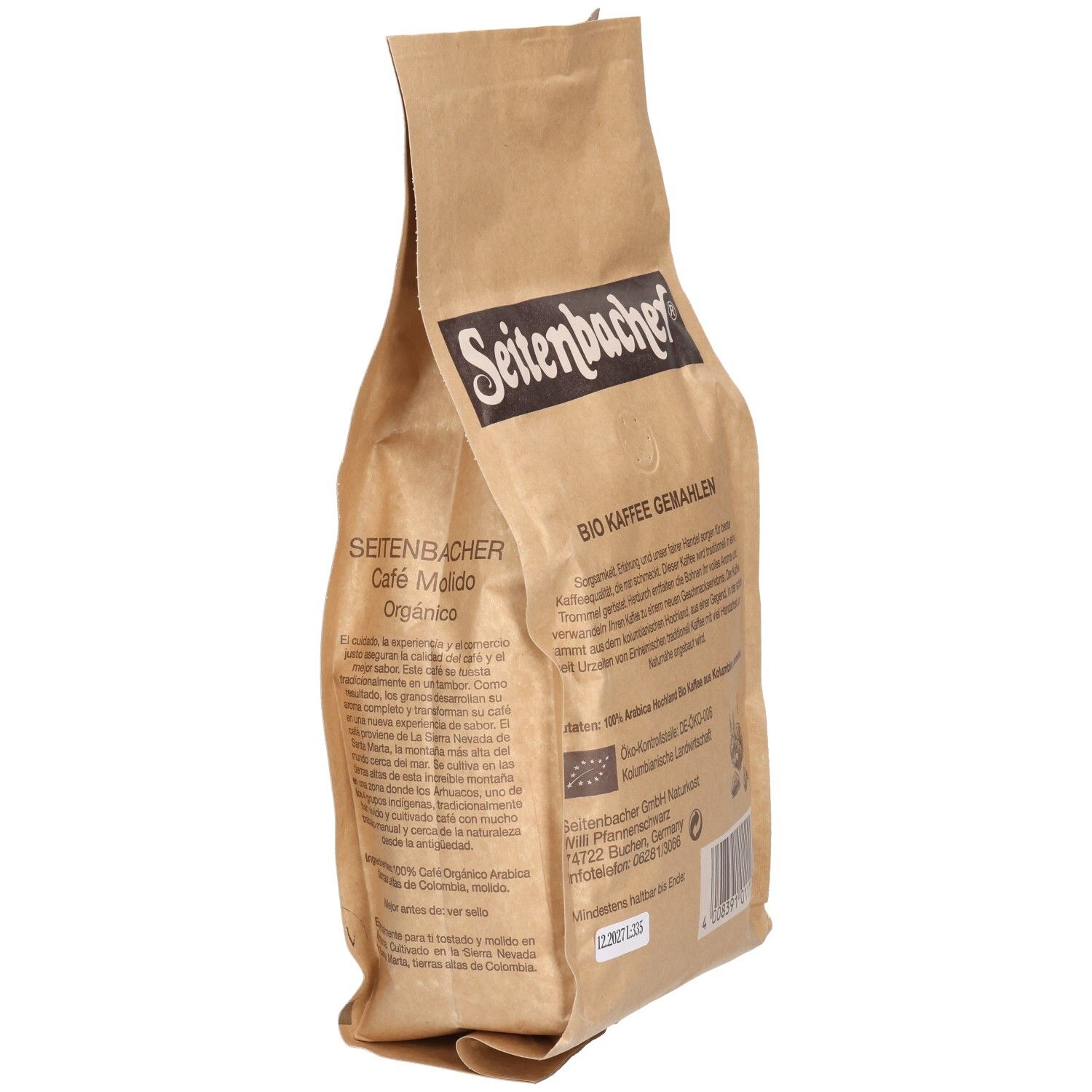 Beige Papierbeutel Seitenbacher Café Molido. Aufdruck: Bio Kaffee, Text, Logo. Rückseite mit Text.