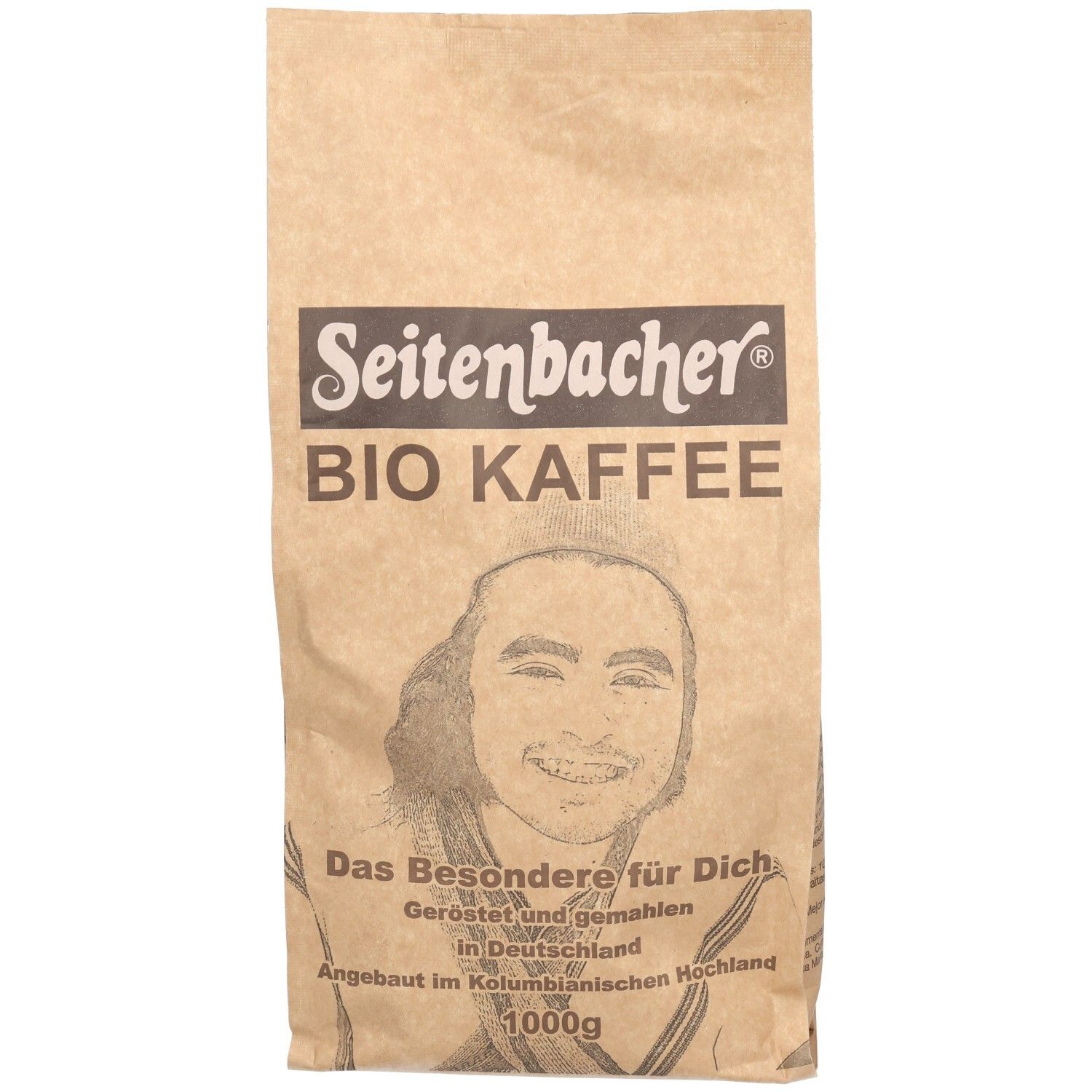 Beige Papierbeutel Seitenbacher Bio Kaffee. Aufdruck: Bio Kaffee, Portrait, Text. 1000g.