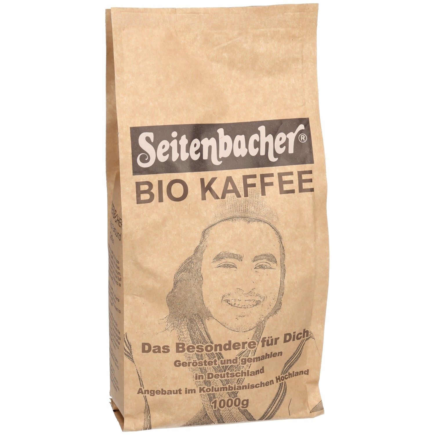 Beige Papierbeutel Seitenbacher Bio Kaffee. Aufdruck: Bio Kaffee, Portrait, Text. 1000g.