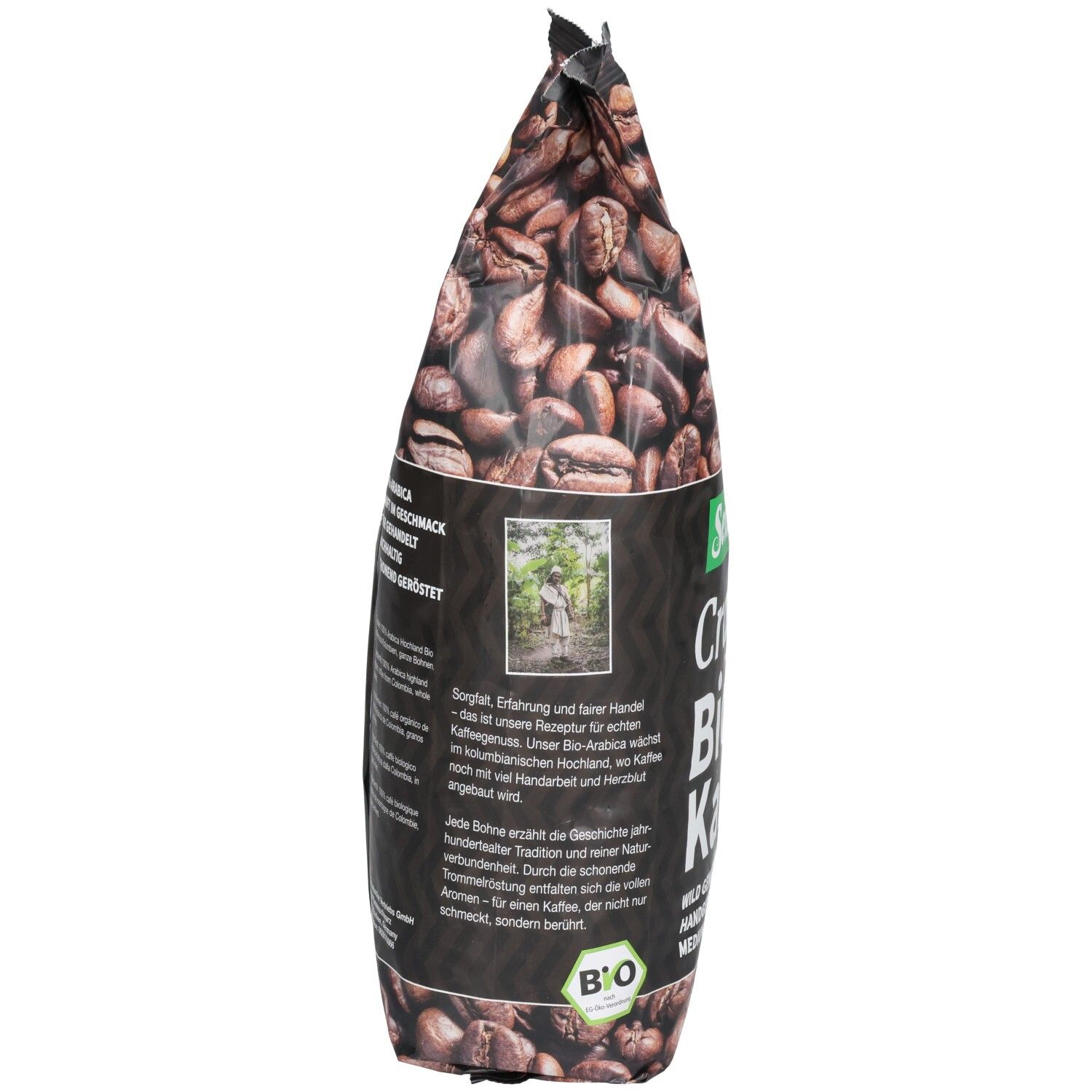 Kaffeebohnen-Verpackung, Seitenansicht. Text: Seitenbacher Craft Bio Kaffee. Bio-Siegel. Bild einer Person.