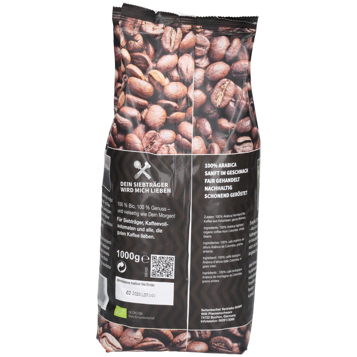 Rückseite der Kaffeebohnen-Verpackung. Text: 100% Arabica, 1000g. Bio-Siegel. QR-Code.