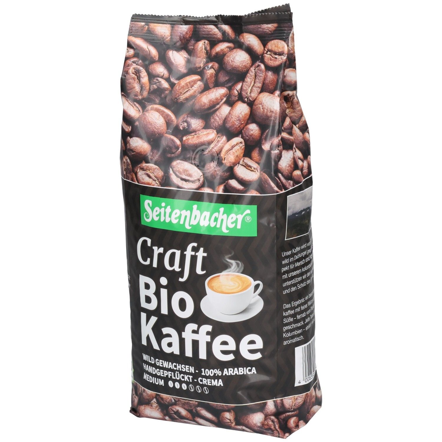 Kaffeebohnen-Verpackung. Aufschrift: Seitenbacher Craft Bio Kaffee. 100% Arabica. Bio-Siegel.