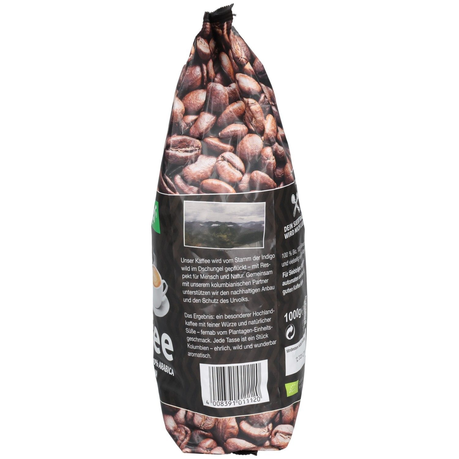 Kaffeebohnen-Verpackung, Seitenansicht. Text: Seitenbacher Craft Bio Kaffee, 1000g. Bio-Siegel. Barcode.