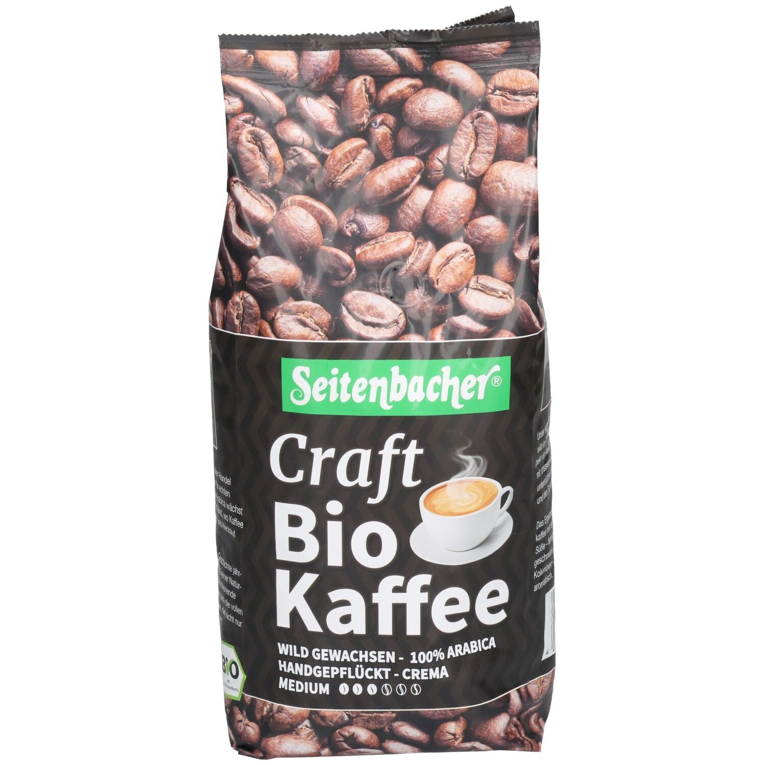 Kaffeebohnen-Verpackung. Aufschrift: Seitenbacher Craft Bio Kaffee. 100% Arabica. Bio-Siegel.