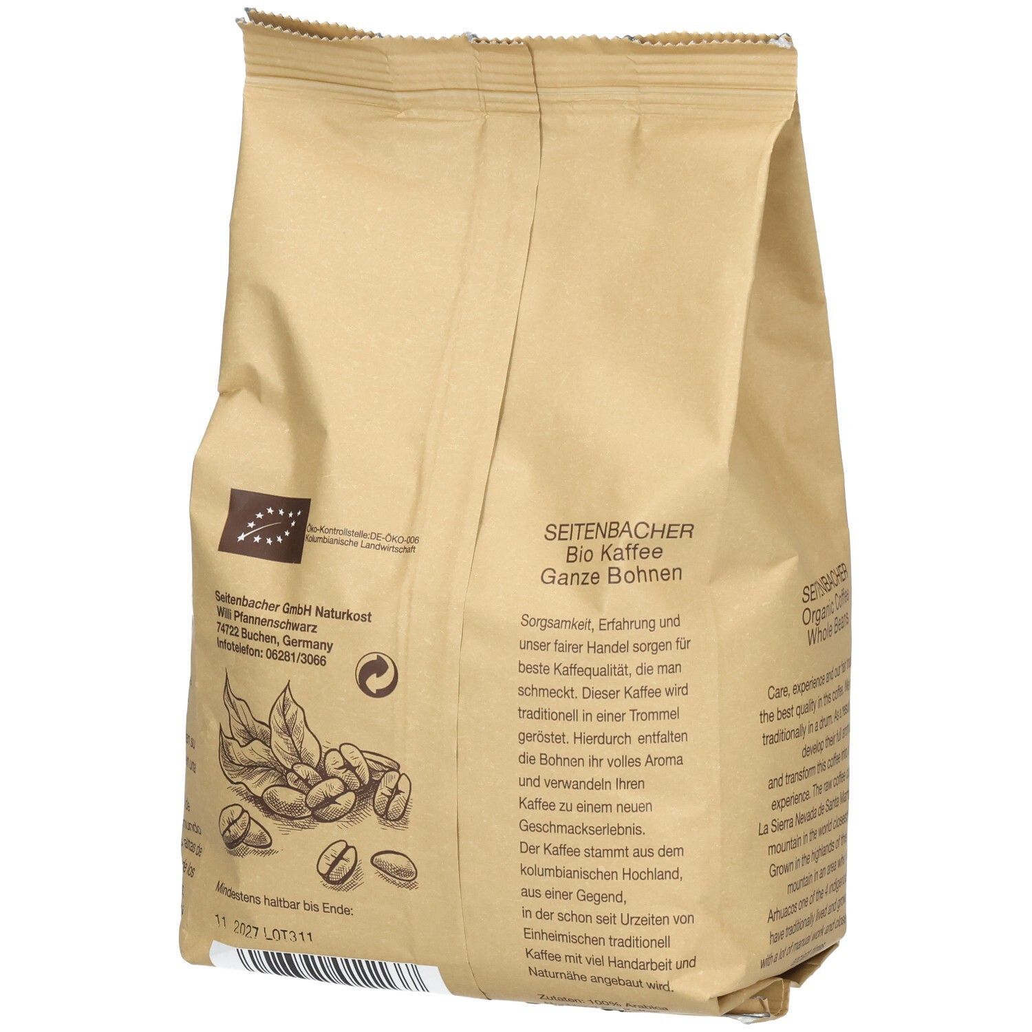 Rückseite der Seitenbacher Bio Kaffee Ganze Bohnen Verpackung. Text, Logo und Abbildungen von Kaffeebohnen.