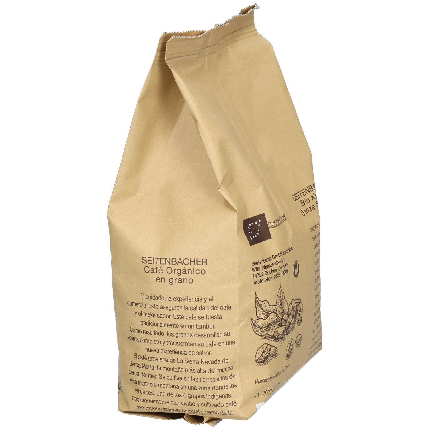 Seitenbacher Bio Kaffee Verpackung, braun. Text und Logo, Bio-Siegel. Ansicht von der Seite.