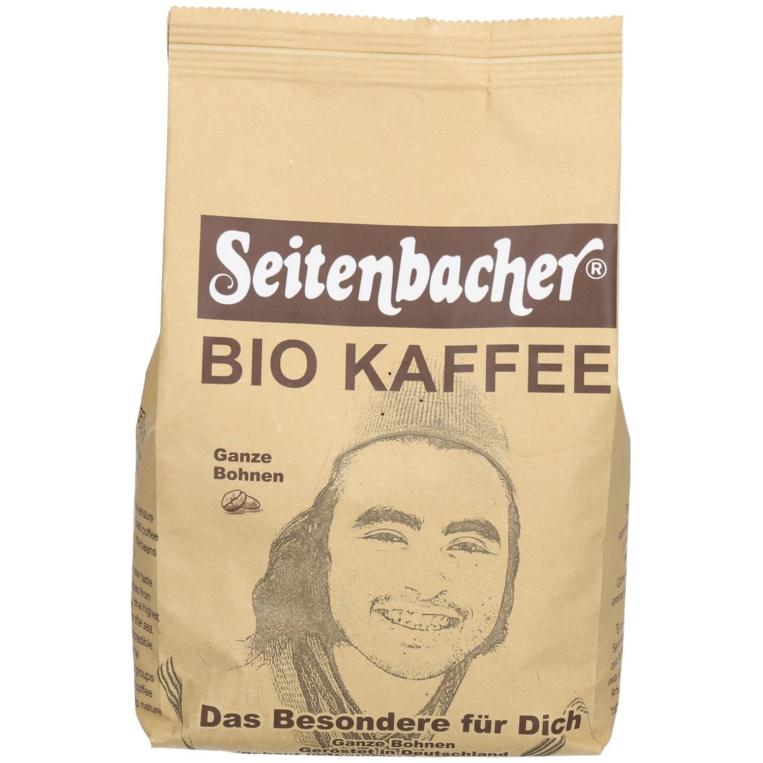 Seitenbacher Bio Kaffee Ganze Bohnen, braune Verpackung. Logo, Produktname und Abbildung einer Person.