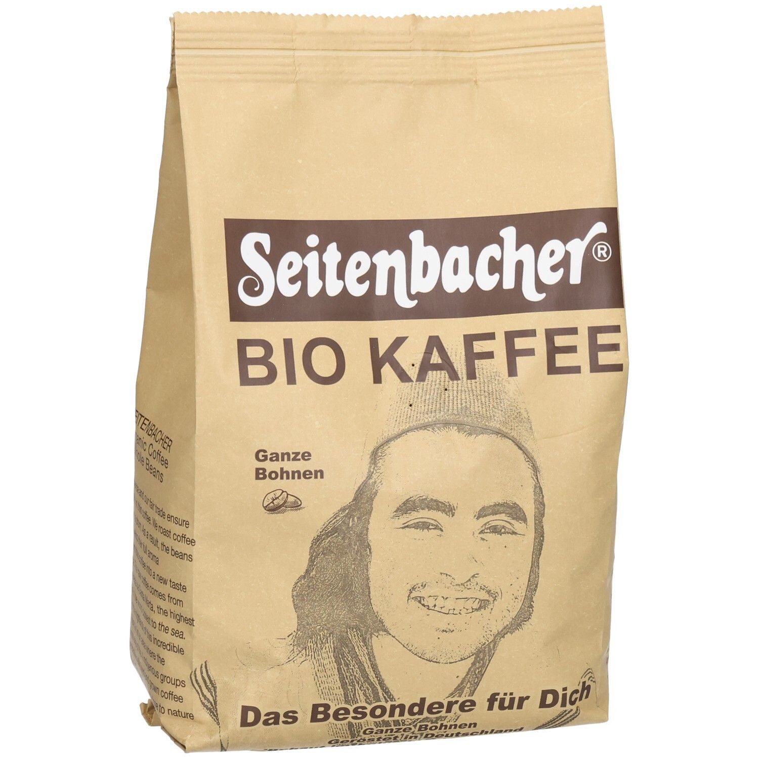 Seitenbacher Bio Kaffee Ganze Bohnen, braune Verpackung. Logo, Produktname und Abbildung einer Person.