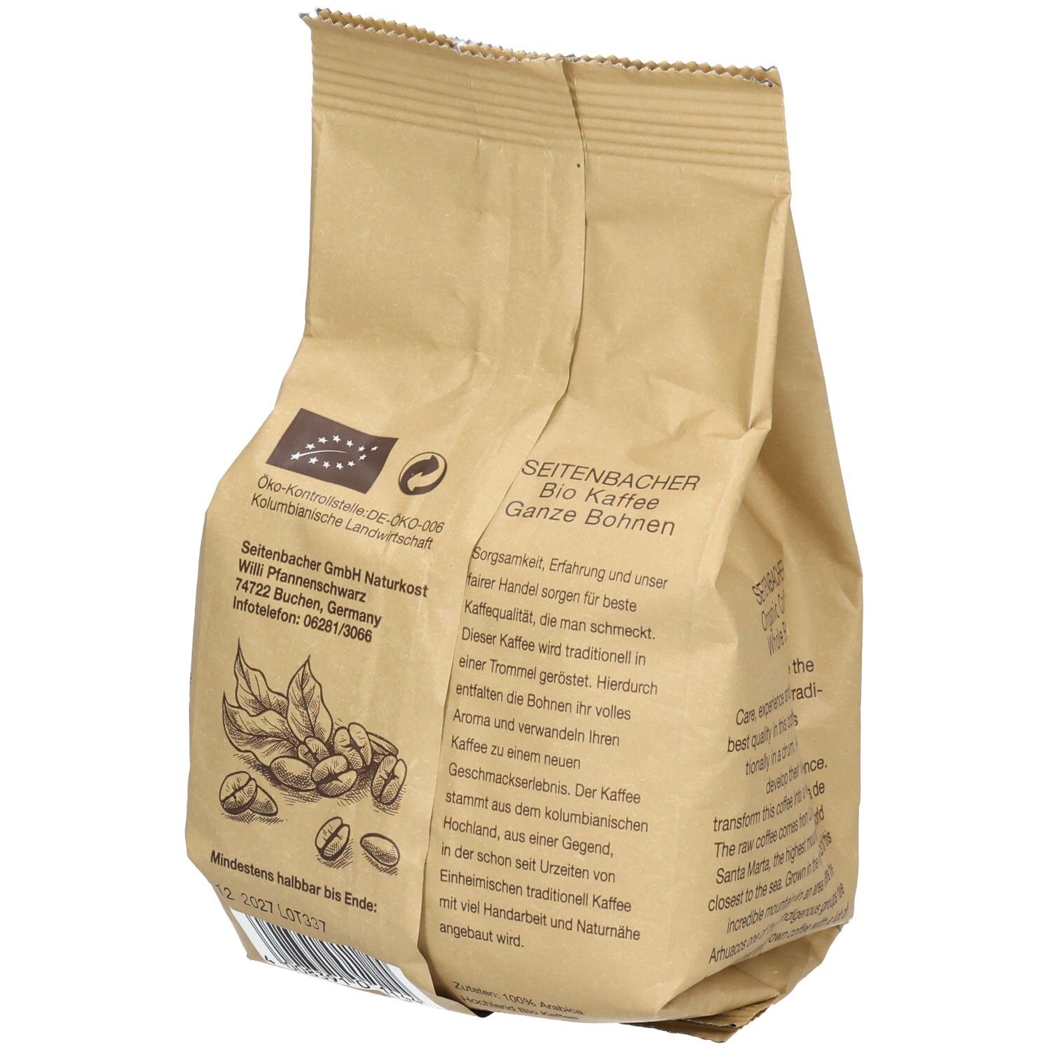 Rückseite der Kaffeeverpackung. Seitenbacher BIO KAFFEE, ganze Bohnen. Text, Logo und Siegel auf braunem Papier.