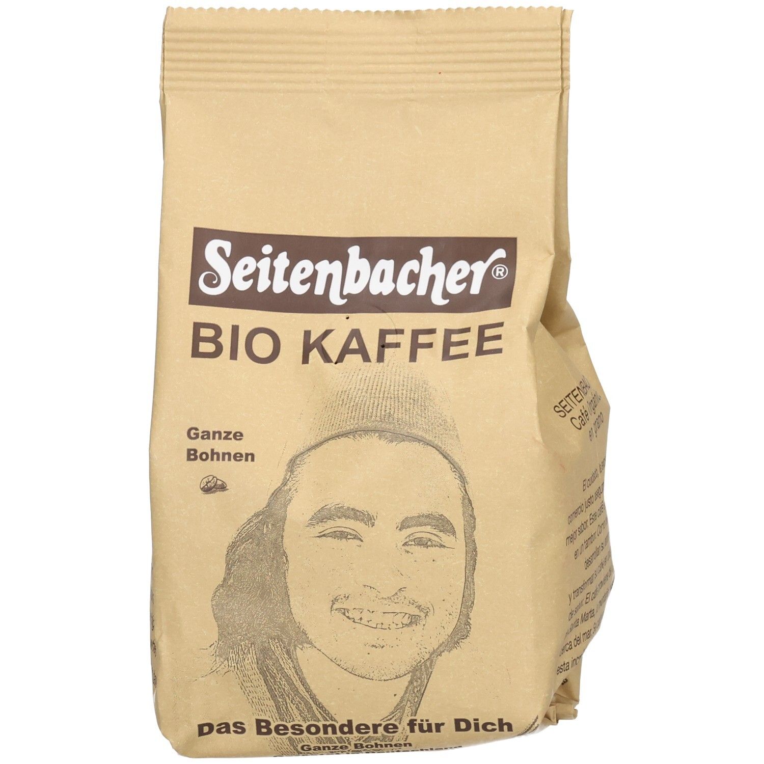 Vorderansicht des Kaffeepäckchens. Seitenbacher BIO KAFFEE, ganze Bohnen. Braune Papierverpackung mit Logo.