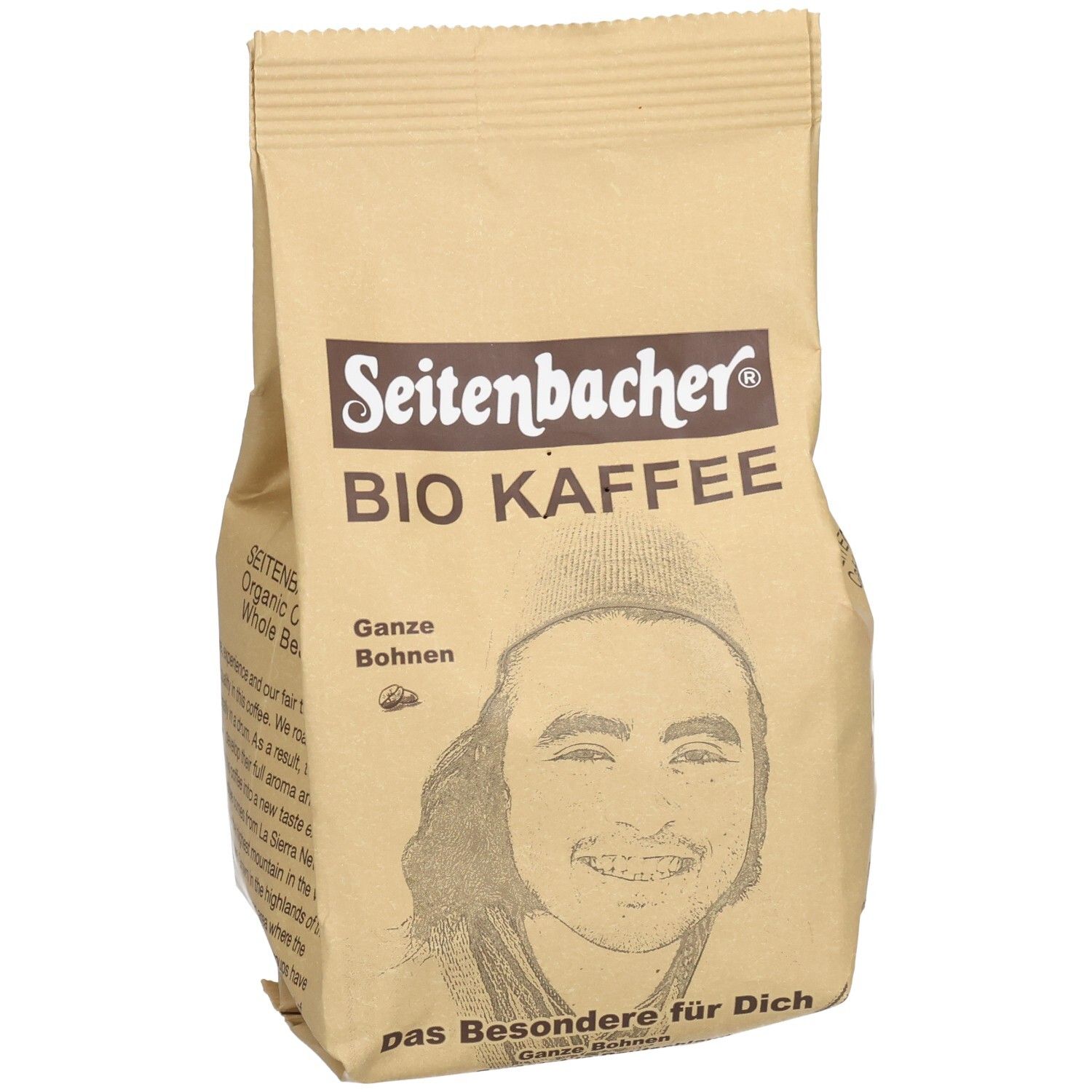 Seitenbacher BIO KAFFEE, ganze Bohnen. Braune Papierverpackung mit Logo, Gesicht und Text. Ansicht schräg.