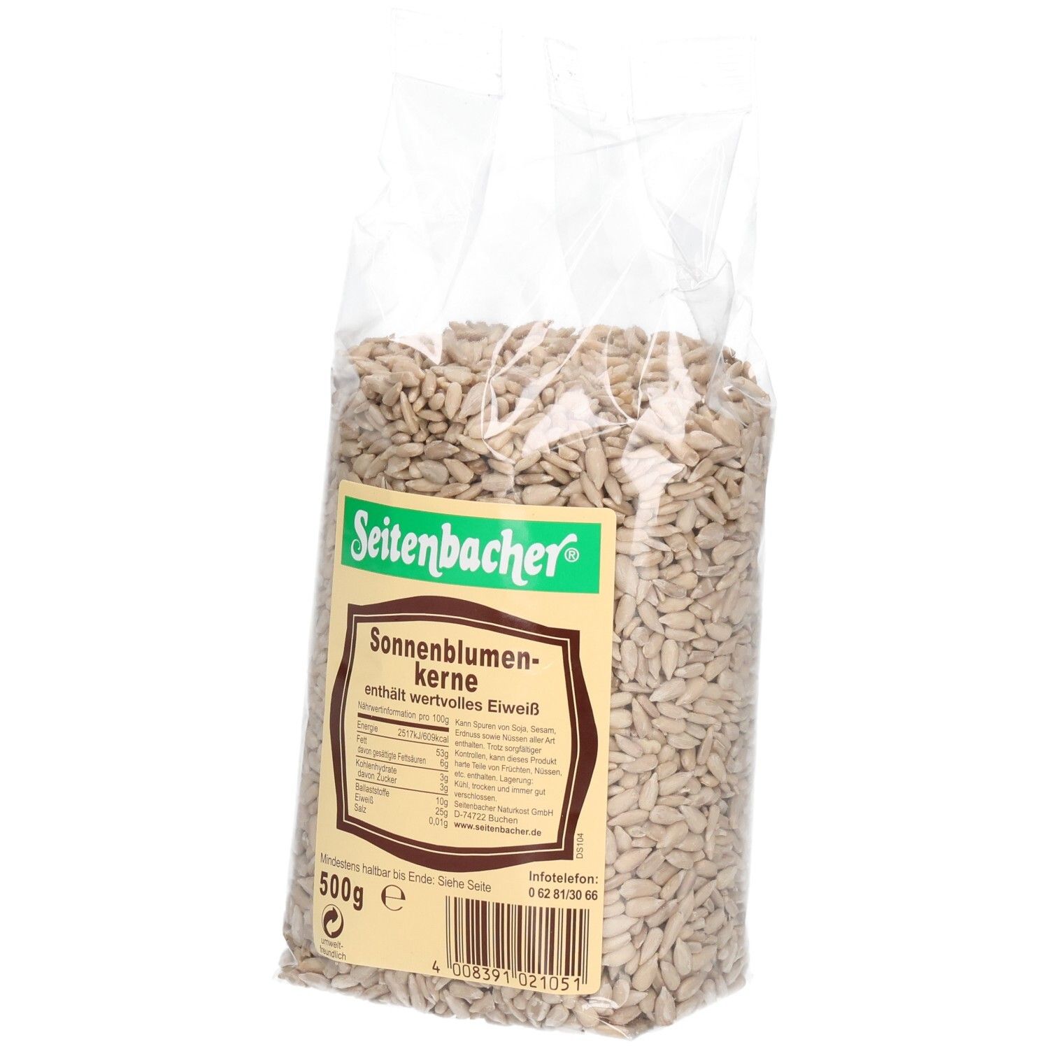 Klare Plastiktüte mit Sonnenblumenkernen. Aufdruck mit Produktname und Marke Seitenbacher. 500g.