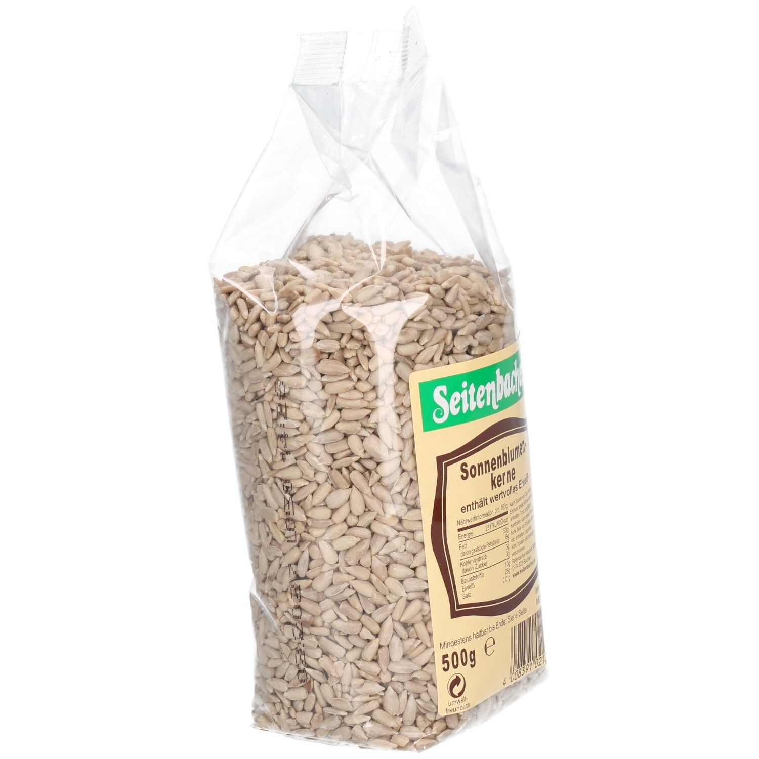 Plastiktüte mit Sonnenblumenkernen. Seitenansicht. Marke Seitenbacher und Produktname. 500g.