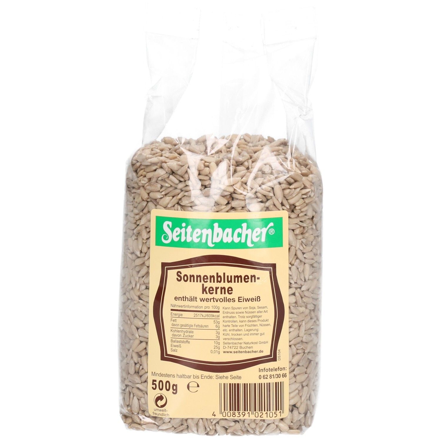 Plastiktüte mit Sonnenblumenkernen. Marke Seitenbacher und Produktname. 500g.