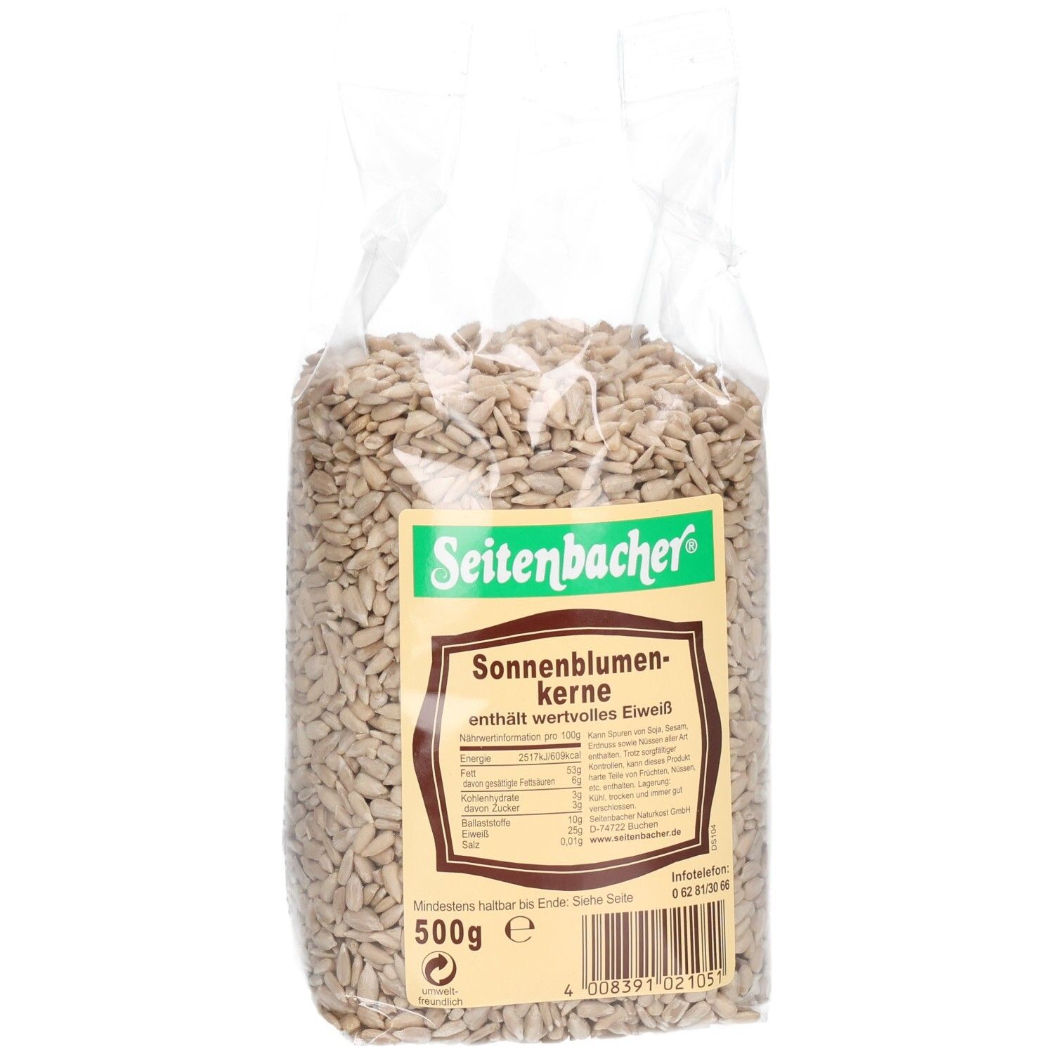 Plastiktüte mit Sonnenblumenkernen. Marke Seitenbacher und Produktname. 500g.