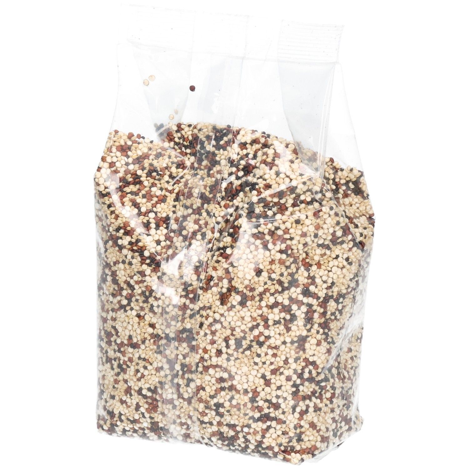Transparente Tüte mit Quinoa-Körnern. Mehrfarbige Körner. Keine weiteren Details sichtbar.