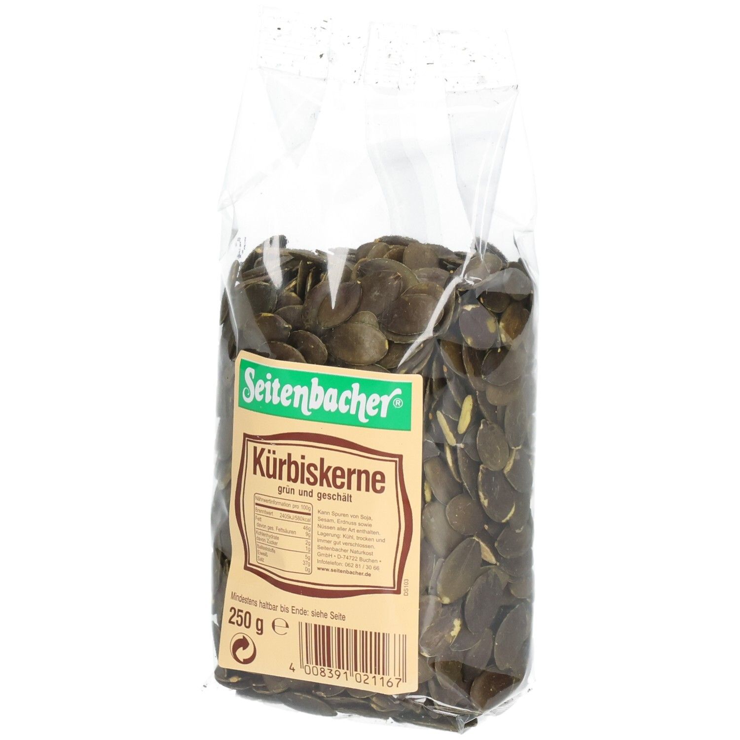 Klarsichtbeutel mit Kürbiskernen. Aufkleber mit Produktinformationen und Marke Seitenbacher. 250g.