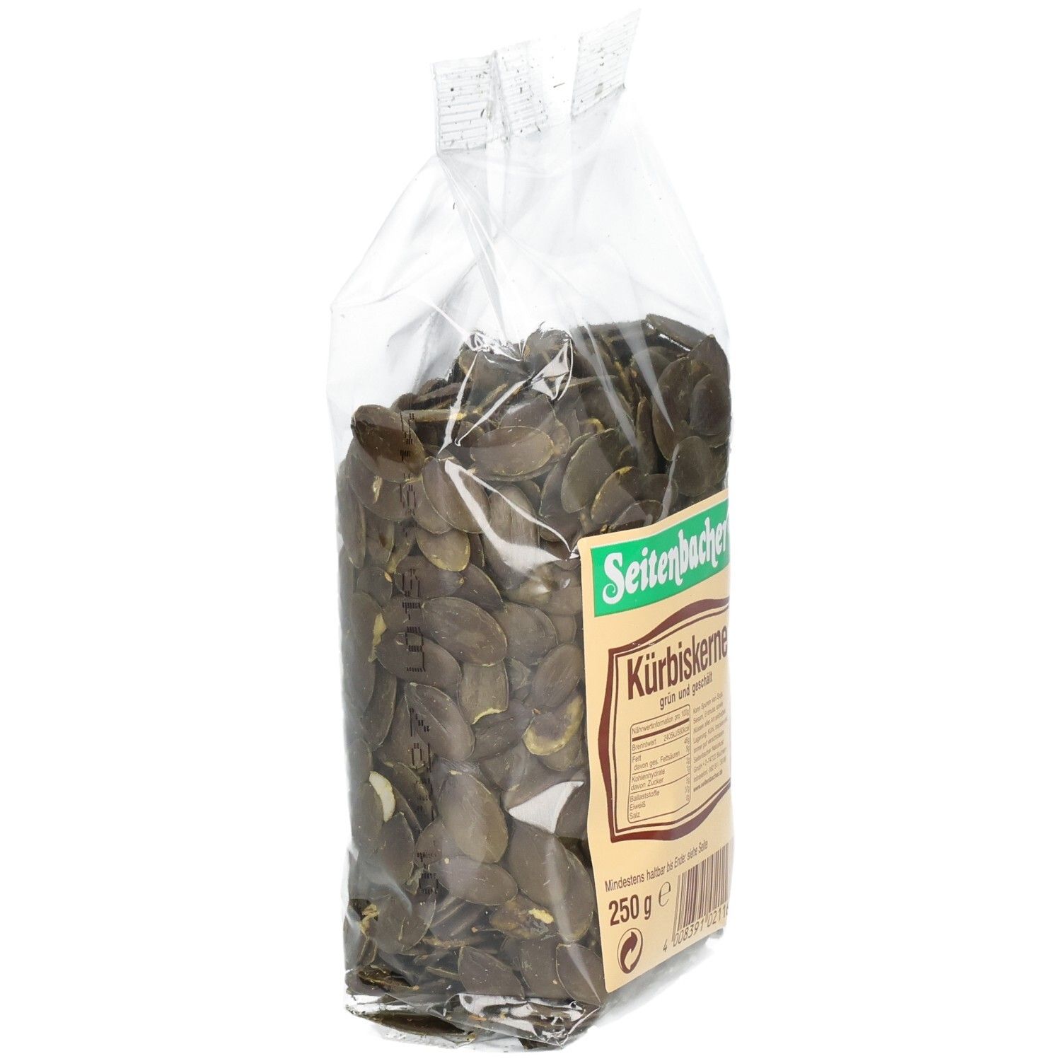 Klarsichtbeutel mit Kürbiskernen. Aufkleber mit Produktinformationen und Marke Seitenbacher. 250g.
