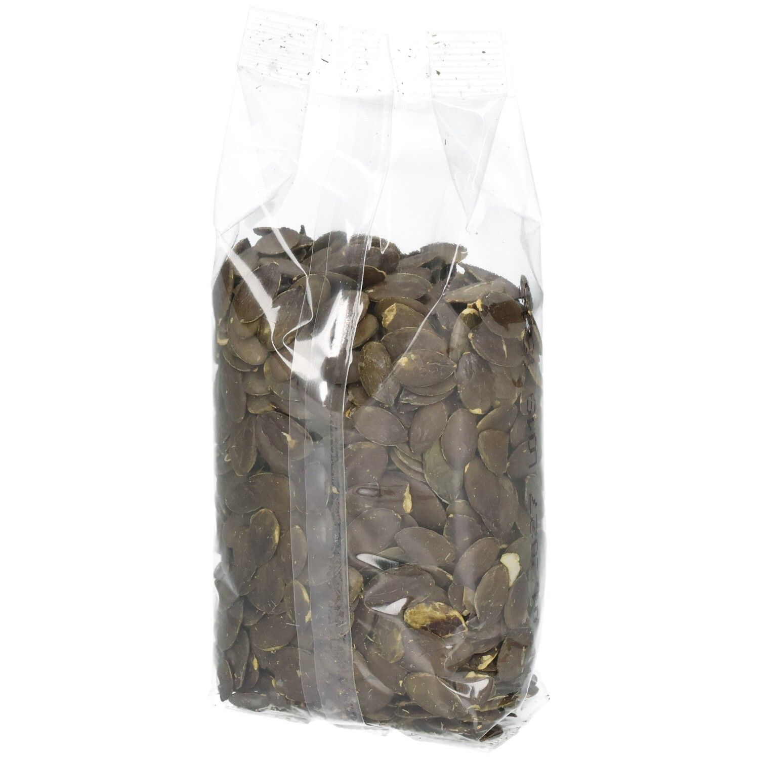 Klarsichtbeutel mit Kürbiskernen. Aufkleber mit Produktinformationen und Marke Seitenbacher. 250g.