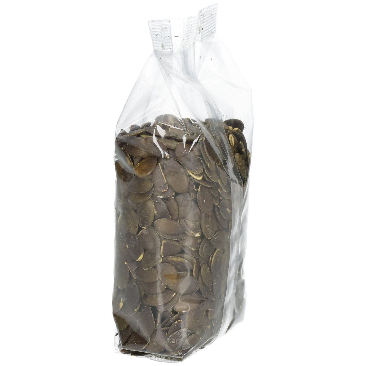 Klarsichtbeutel mit Kürbiskernen. Aufkleber mit Produktinformationen und Marke Seitenbacher. 250g.