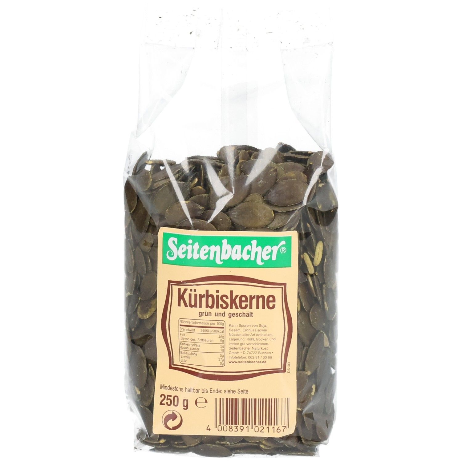 Klarsichtbeutel mit Kürbiskernen. Aufkleber mit Produktinformationen und Marke Seitenbacher. 250g.