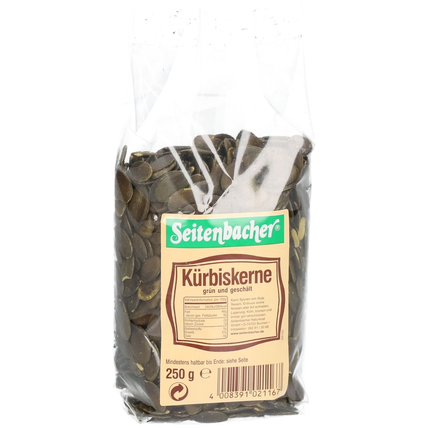 Klarsichtbeutel mit Kürbiskernen. Aufkleber mit Produktinformationen und Marke Seitenbacher. 250g.