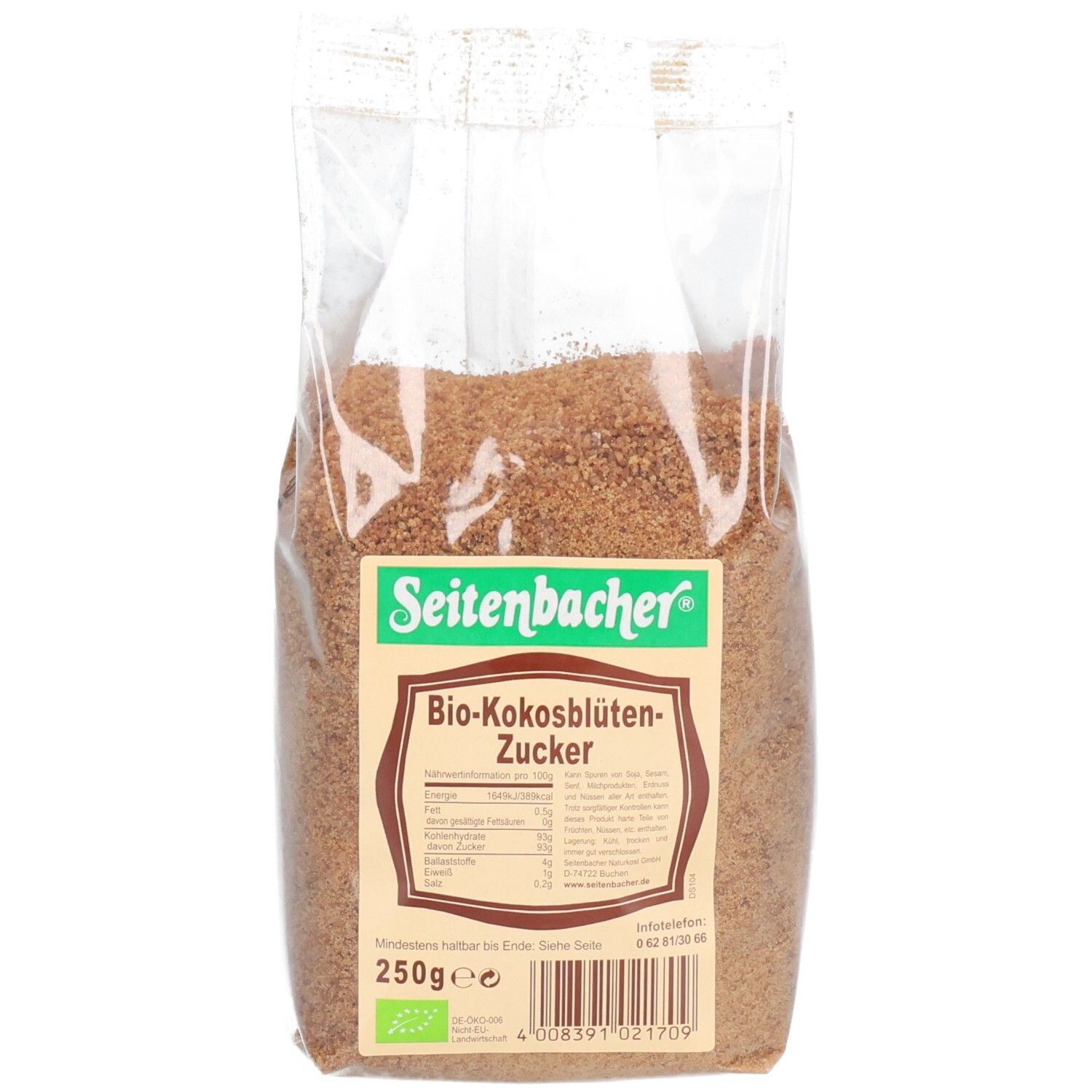 Transparente Verpackung mit braunem Bio-Kokosblütenzucker. Etikett mit Produktname und Nährwertangaben. Grün-braunes Design.