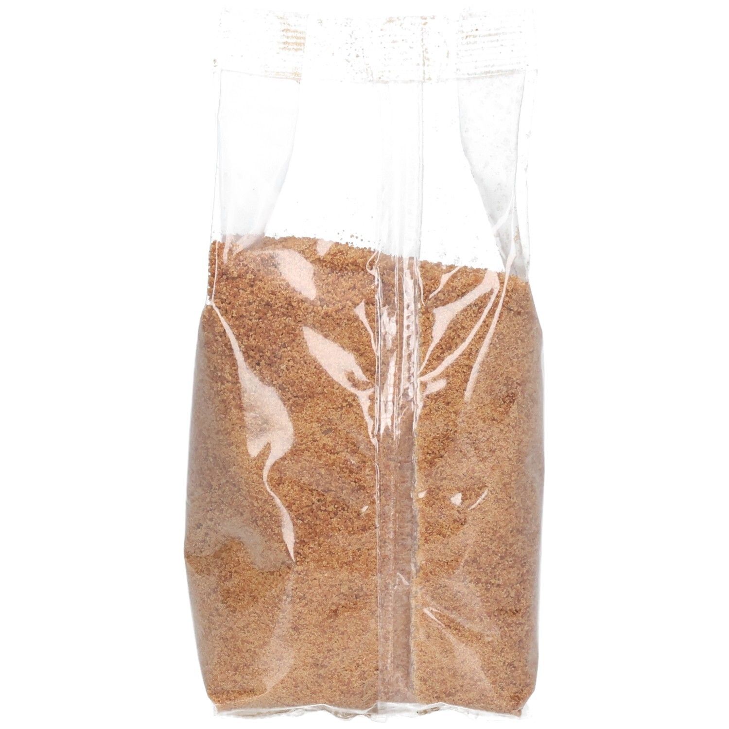Transparente Verpackung mit braunem Kokosblütenzucker. Produktansicht von der Seite. Inhalt sichtbar.