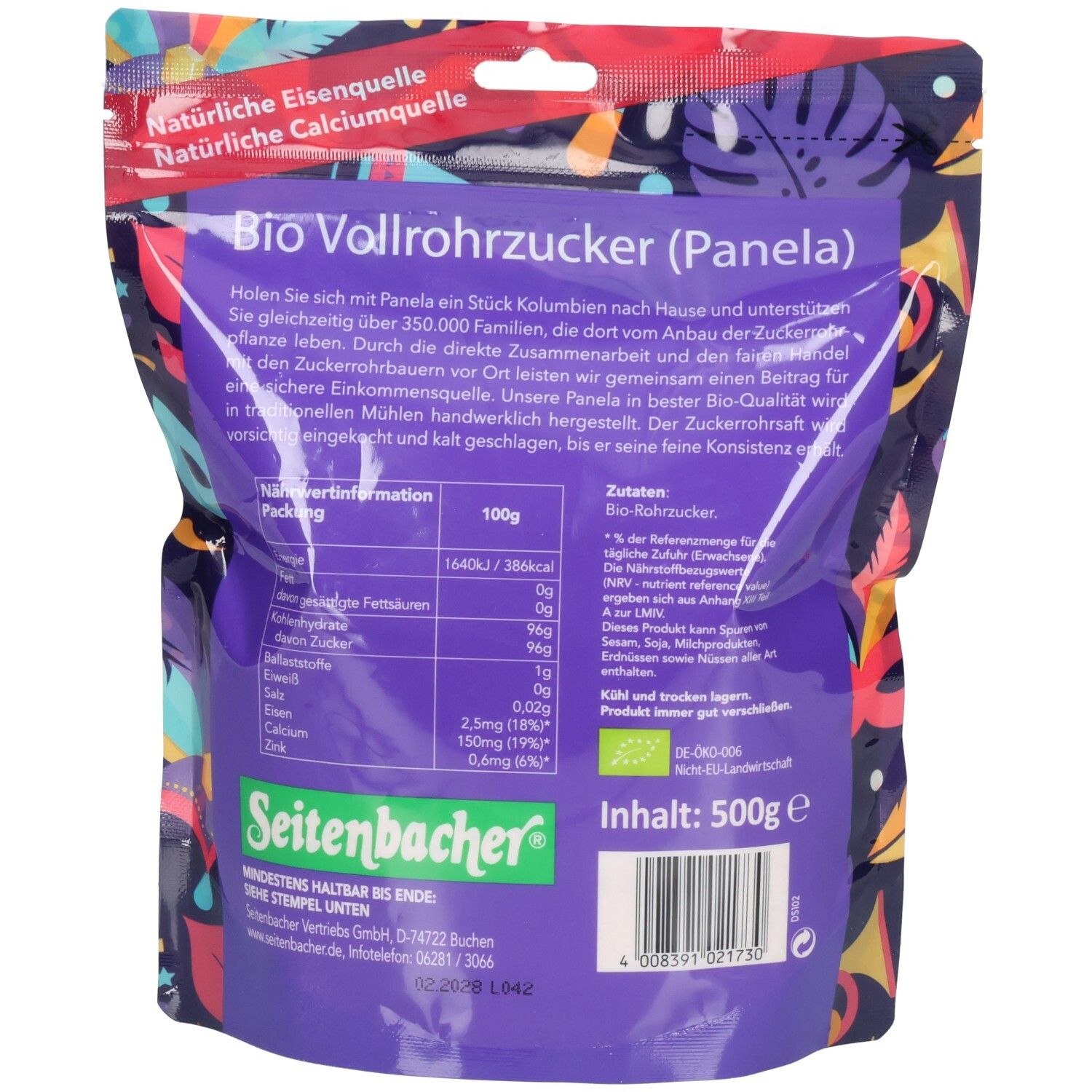 Rückseite des Beutels mit Seitenbacher Bio-Vollrohrzucker (Panela). Nährwertangaben und Text. Bio-Siegel. Inhalt: 500g.