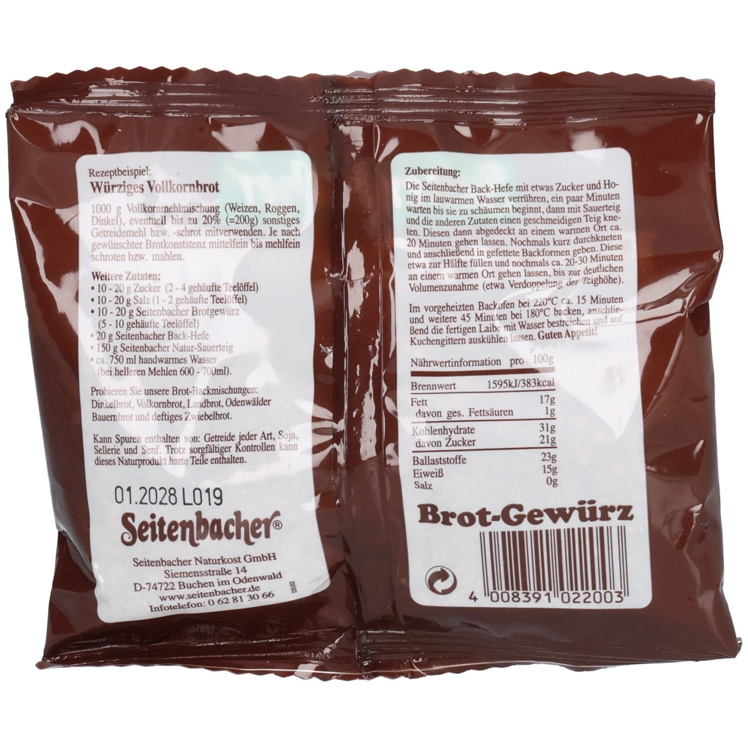 Rückseite der Seitenbacher Brot-Gewürz Verpackung. Rezept für Vollkornbrot. Nährwertangaben. Mindesthaltbarkeitsdatum: 01.2028.