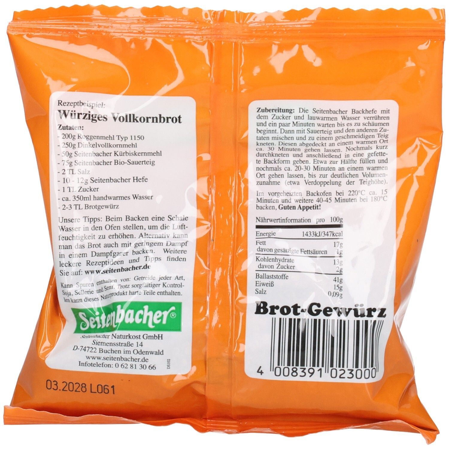 Rückseite der Verpackung. Text mit Rezept für Vollkornbrot. Enthält Nährwertinformationen und das Logo von Seitenbacher.